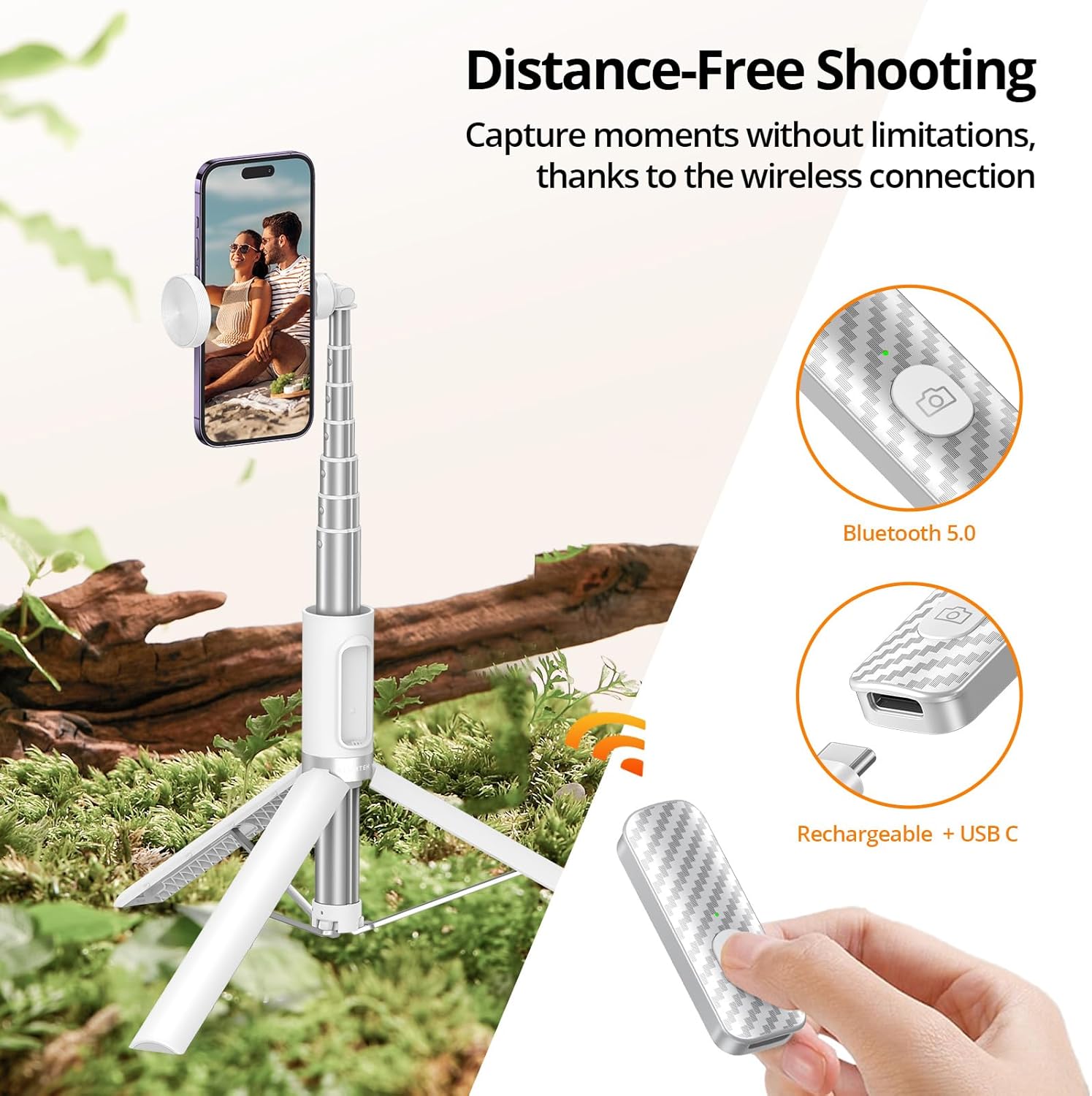 ATUMTEK 62" Selfie Stick Tripod, Extendable Aluminum Tripod with Rechargeable Bluetooth Remote, Compatible with iPhone and Android Smartphones, Perfect for Travel, Vlog, Video and Photo, White