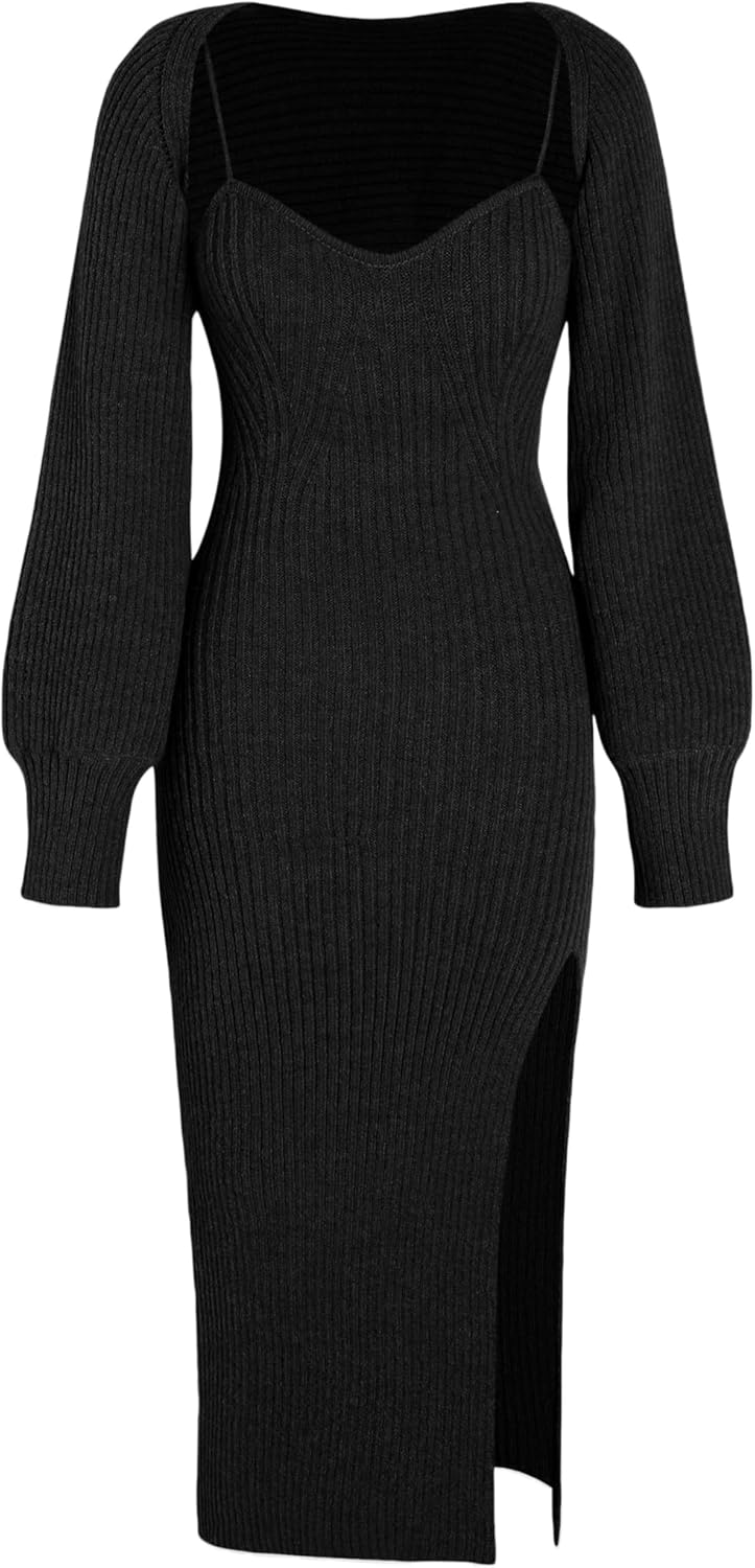CIDER 2 Piece Sweater Dresses for Women Winter Slit Long Sleeve Womens Midi Dress Pullover Bodycon Wedding Guest Outfits