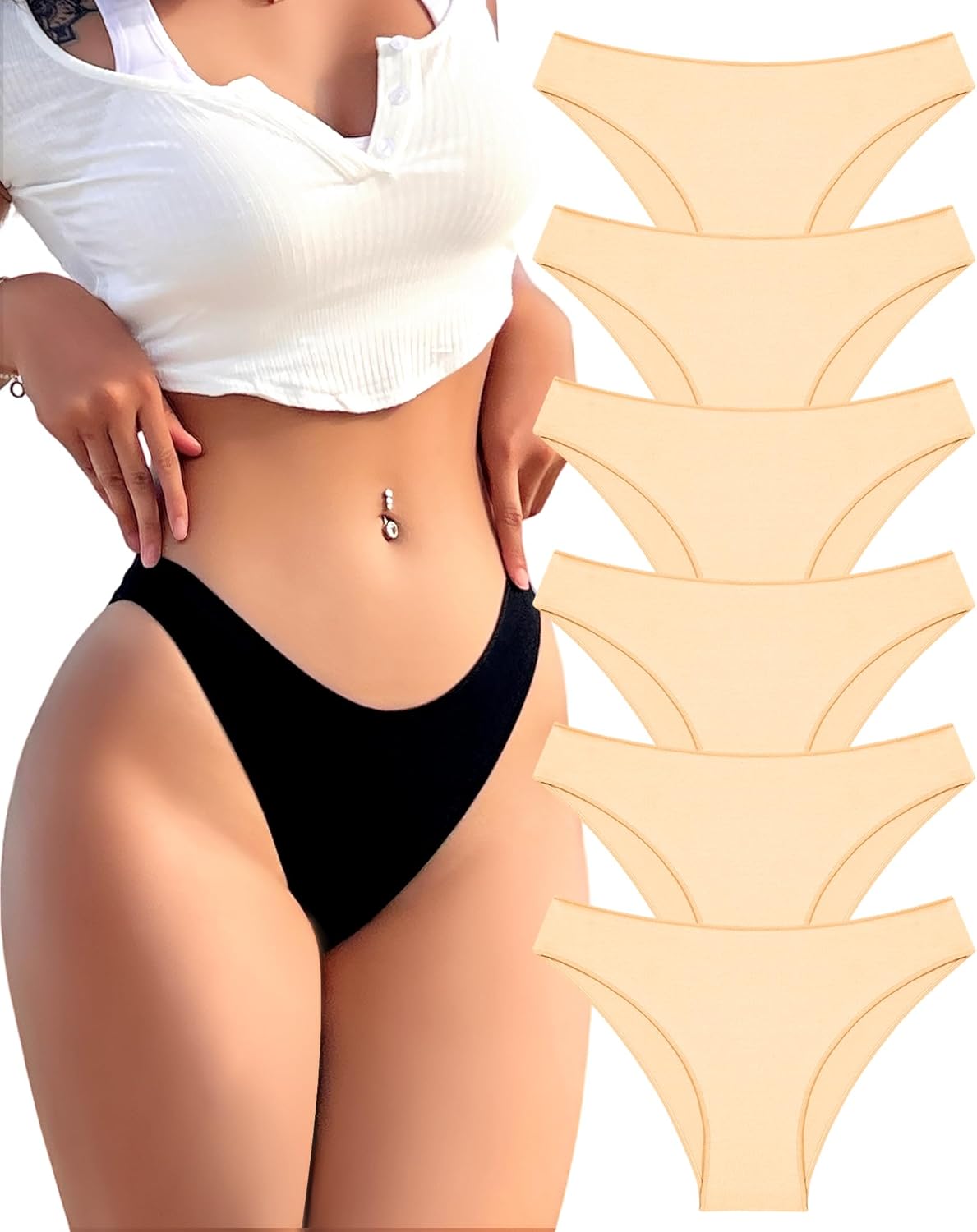 6 Pack Cotton Underwear for Women Cute Low Rise Bikini Panties High Cut Breathable Sexy Hipster Womens Cheeky S-XL