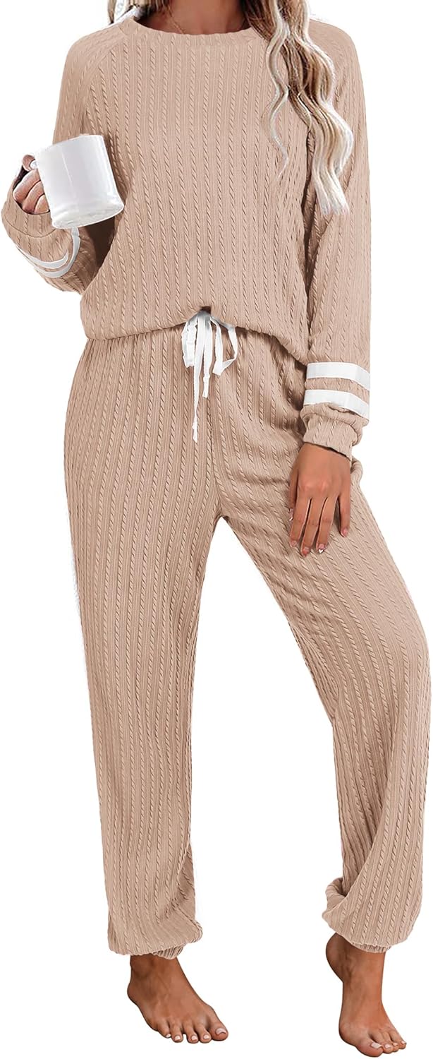 Ekouaer Lounge Sets for Women Ribbed Knit Outfits Pajamas Sets 2 Piece Long Sleeve Sweatsuits with Pockets