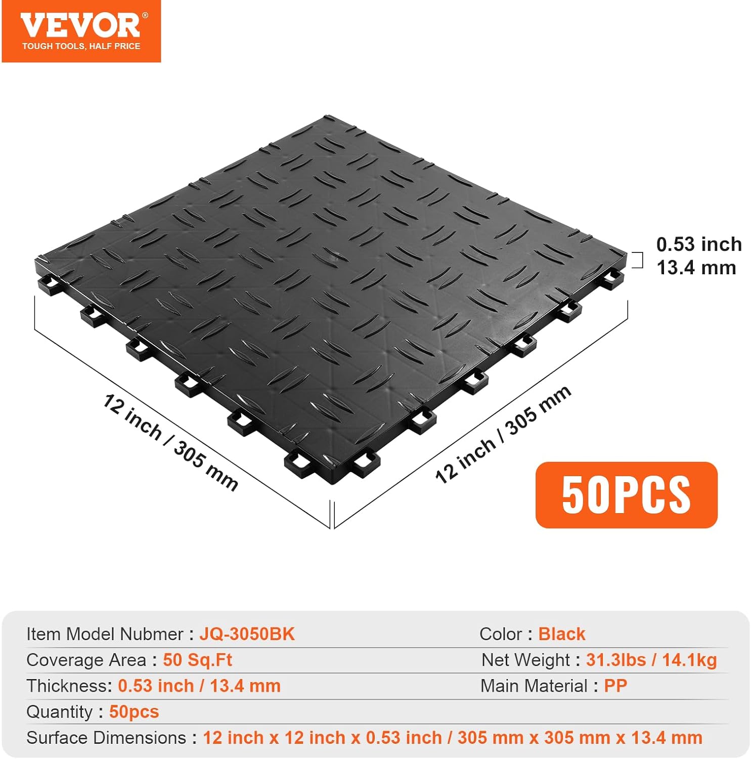 VEVOR Garage Tiles Interlocking, 12 x 12 x 0.53 inch 50 Pack Garage Floor Covering Tiles, Non-Slip Double-Sided Texture Garage Flooring Tiles, for Garages, Basements, Repair Shops, Black