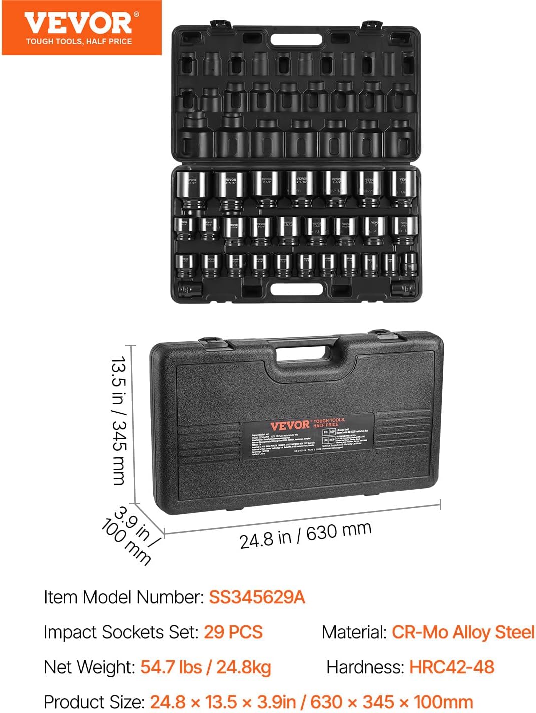 VEVOR Impact Socket Set 3/4 Inches 29 Piece Impact Sockets, 6-Point Sockets, Rugged Construction, CR-M0, 3/4 Inches Drive Socket Set Impact SAE 3/4 inch - 2-1/2 inch, with a Storage Cage