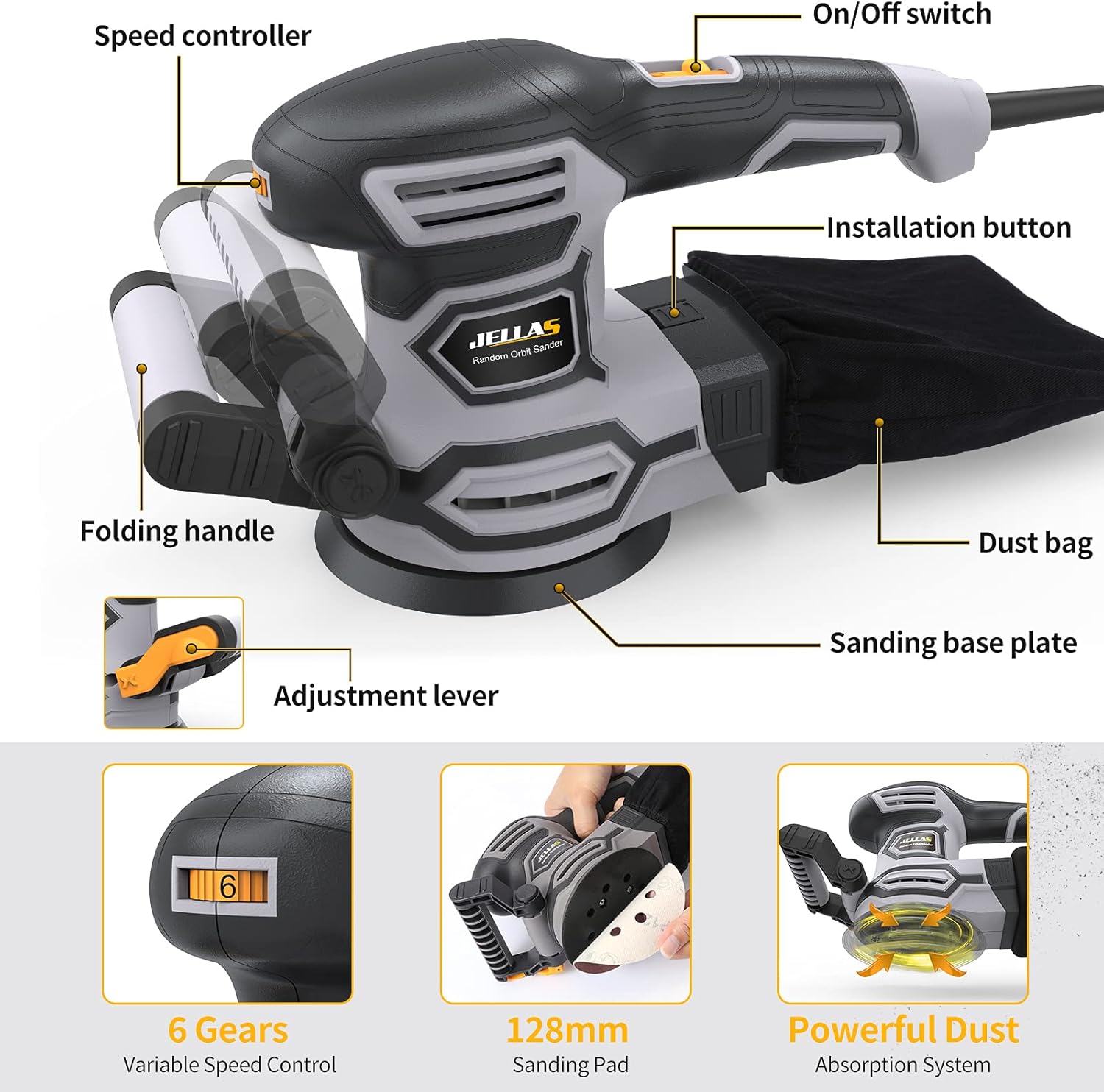 3.8A(450W) Orbital Sander, Jellas 6 Variable Speeds Double Handle Random Orbit Sander, 5-Inch Electric Sander with 18pcs Sandpapers, Dust Collector, Ideal Power Sander for Woodworking(OS450)