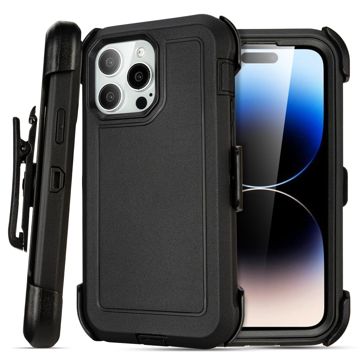 for Black iPhone 15 Case with Belt Clip, Shockproof Heavy Duty Rugged, 3 Layers of Sturdy,Anti-Drop, Military-Grade Defender Cover for iPhone 15 Case Black