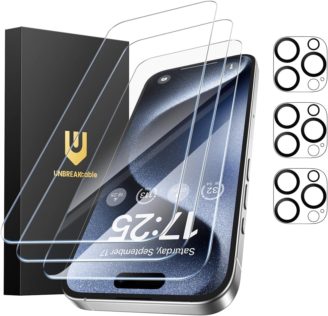 UNBREAKcable iPhone 16 Pro Max Screen Protector 3-Pack, 3 Tempered Glass + 3 Camera Lens Protectors, 9H Hardness, HD Clarity, Anti-Fingerprint, Case Friendly, 6.9 Inch