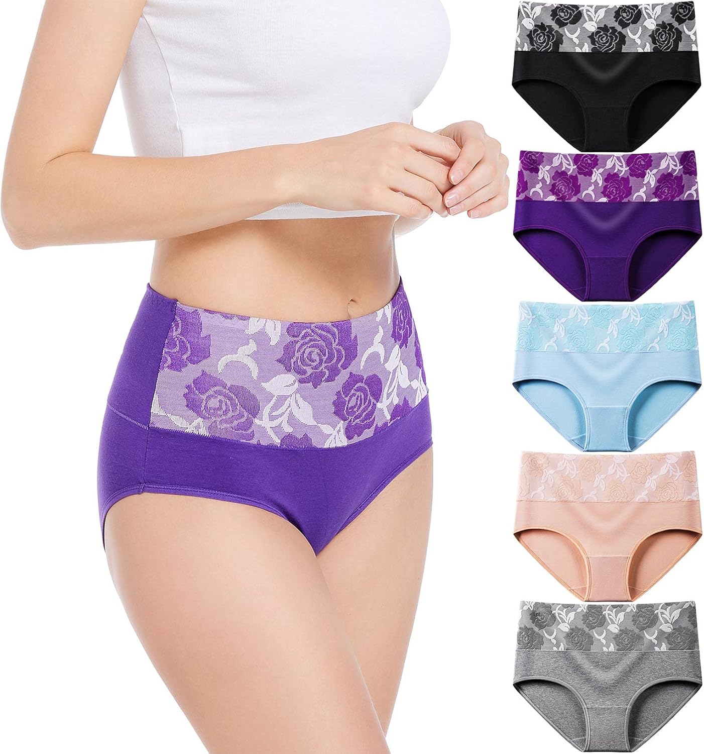 HAVVIS Women's Briefs Underwear Cotton High Waist Tummy Control Panties Rose Jacquard Ladies Panty Multipack