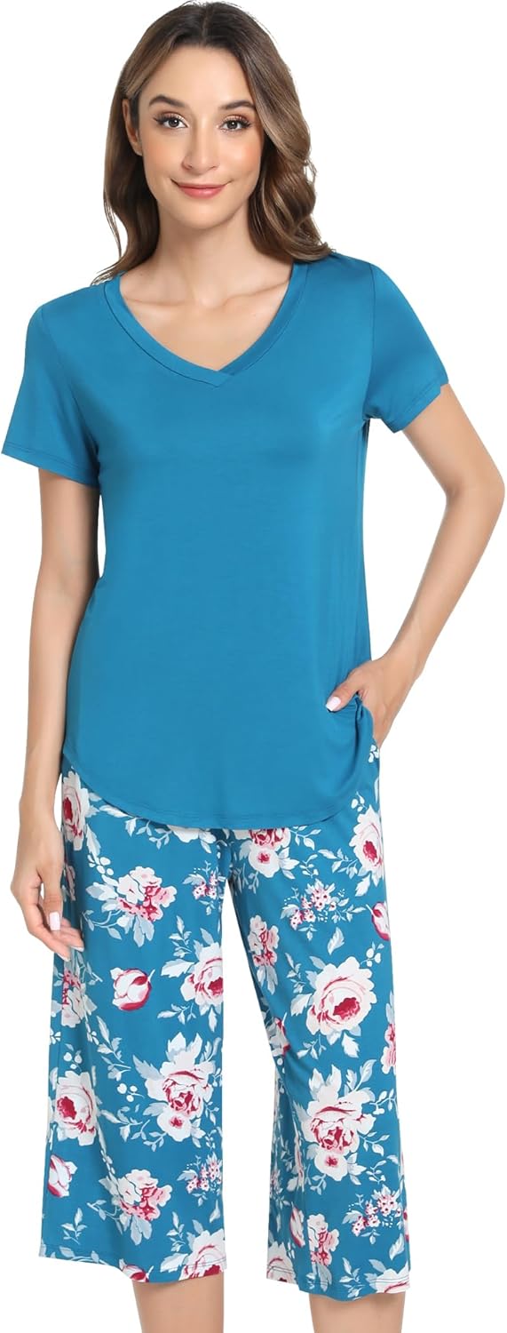 NACHILA Women’s Pajamas-Viscose Made from Bamboo, Short Sleeve Pjs Top with Capri Pajama Sets for Women Cool V Neck Sleepwear
