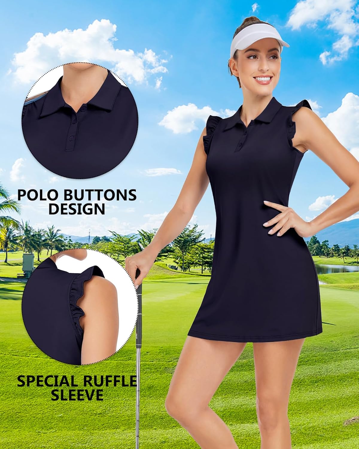 WOWENY Tennis Dress Polo Buttons Golf Dresses with Built in Shorts and Pockets Ruffle Sleeveless Athletic Workout Dress