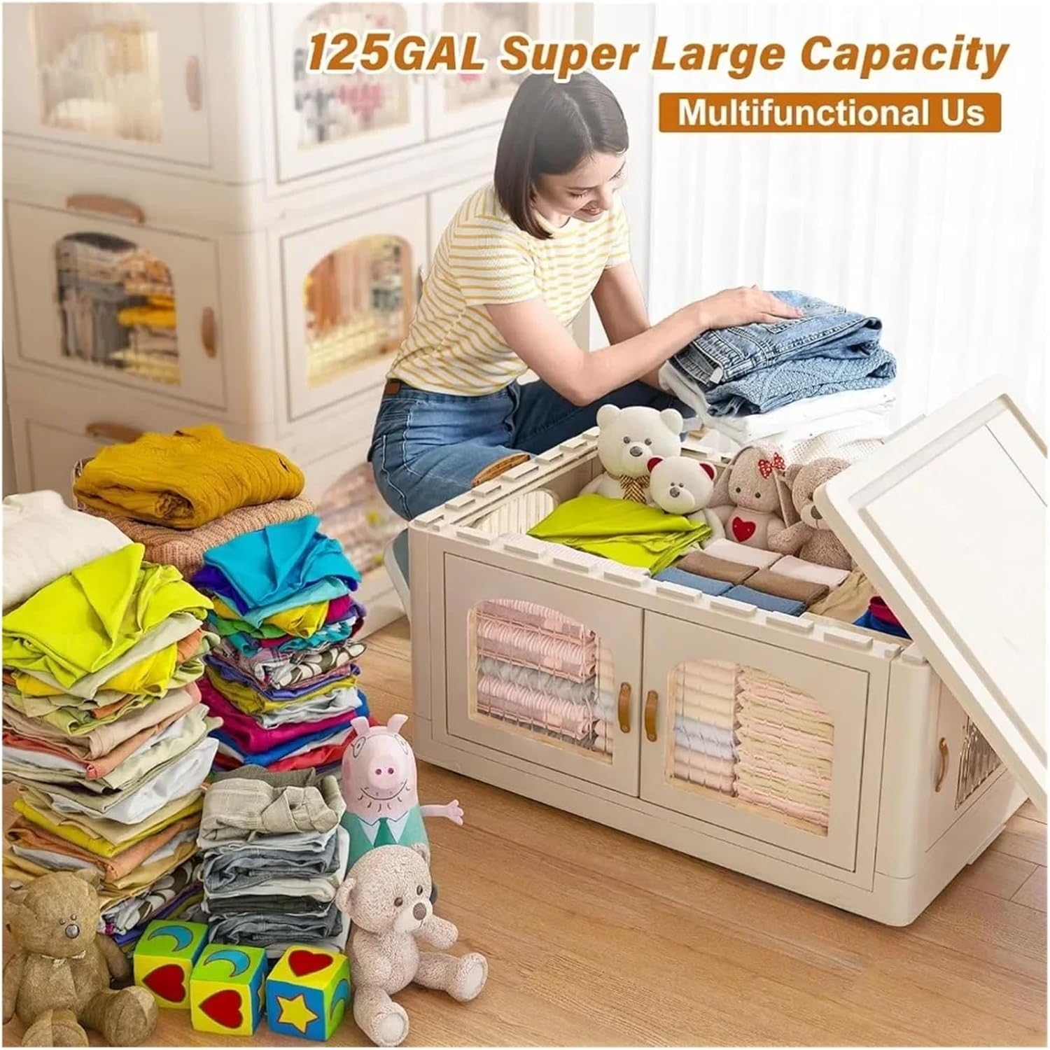 125GAL Storage Bins with Lids, Large Stackable Bins with Wheels and Doors, Storage Containers Box Closet Organizers(25Gal 5 tier)