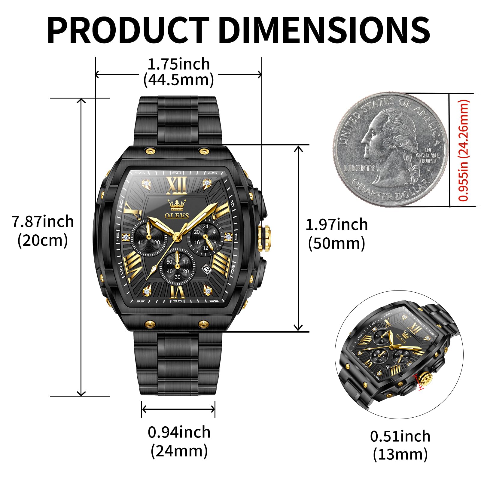 OLEVS Watches Men Chronograph Waterproof Rectangle Face Moon Phase Stainless Steel Strap Dress Watches for Men Luminous Quartz Calendar Mens Wrist Watch