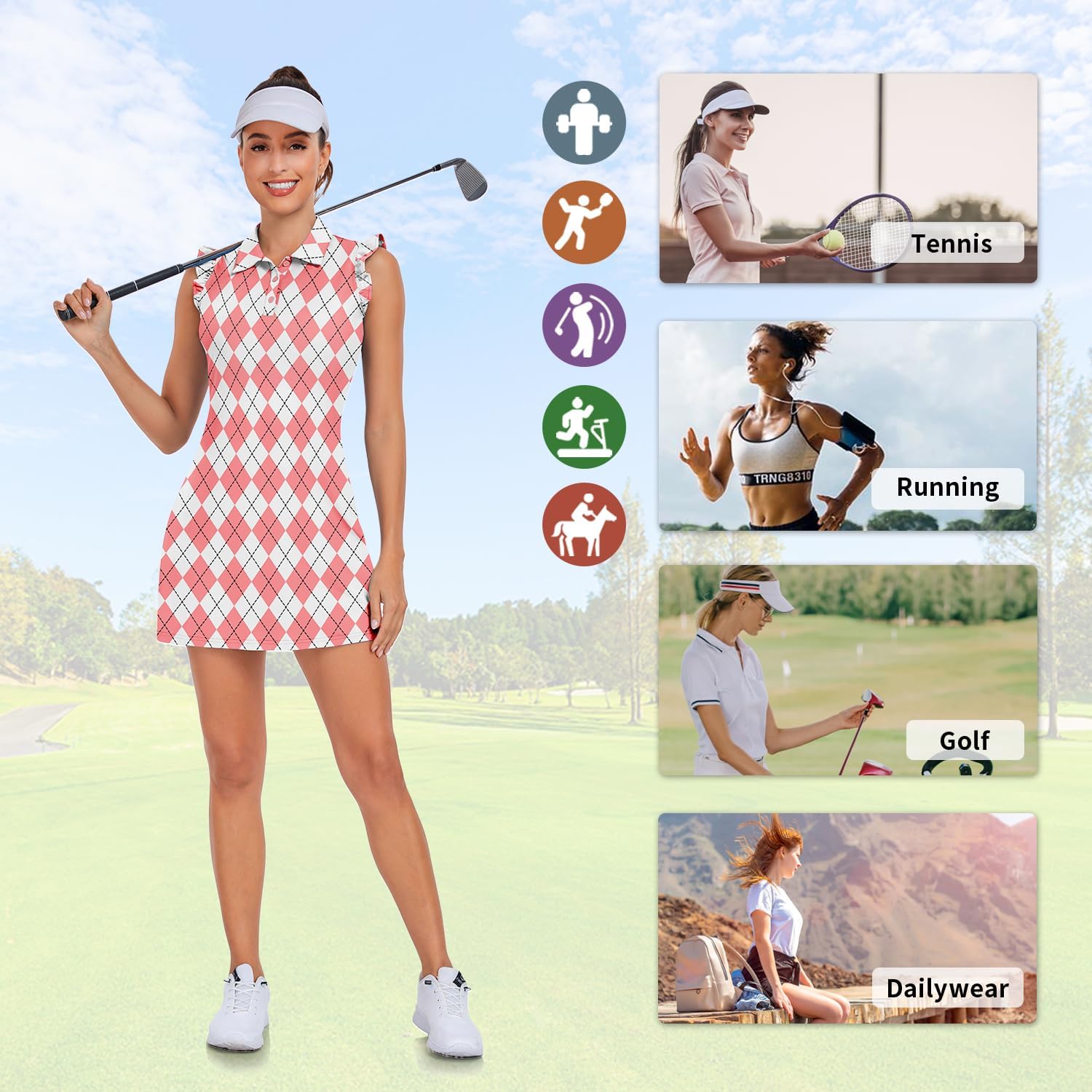 WOWENY Tennis Dress Polo Buttons Golf Dresses with Built in Shorts and Pockets Ruffle Sleeveless Athletic Workout Dress