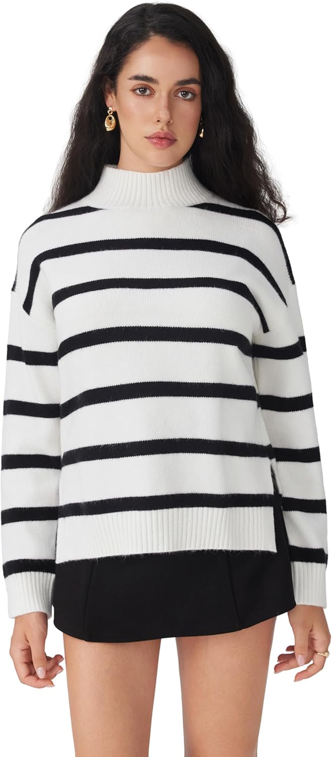 CIDER Striped Mock Neck Sweater Women Long Sleeve Pullover Knit Top