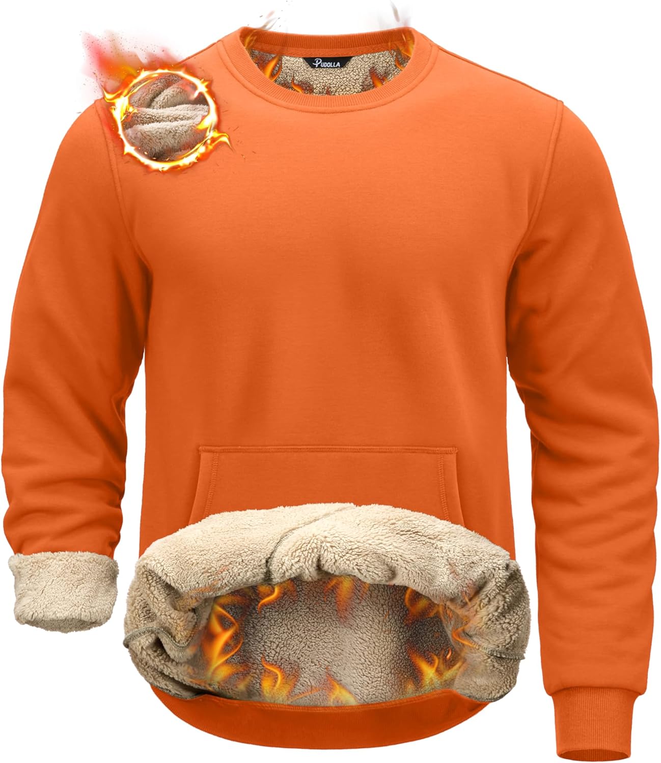 Pudolla Men's Sherpa Lined Sweatshirts Warm Soft Crewneck Sweatshirts Heavyweight Winter Pullover Kangaroo with Pouch Pocket