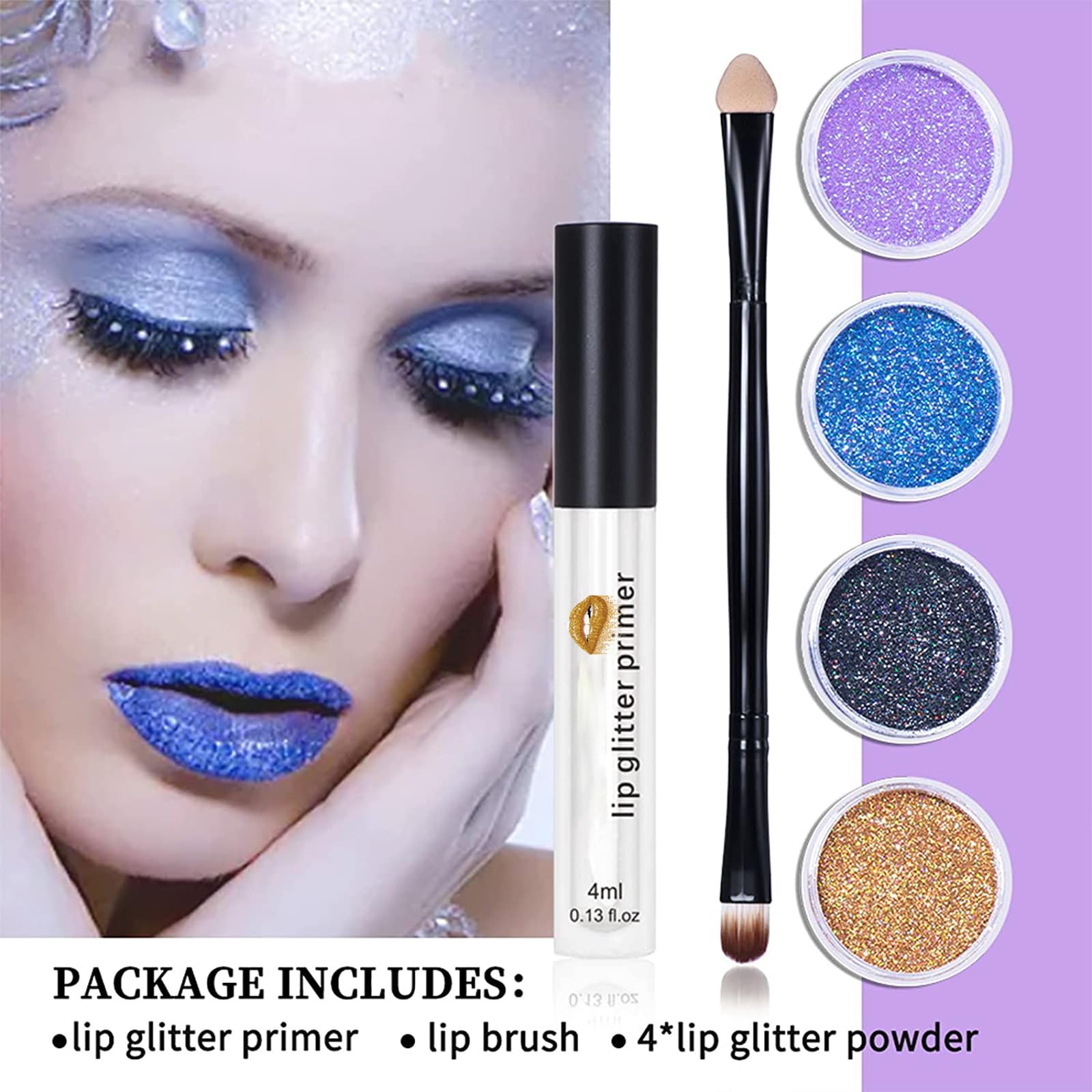 YECDET Sheglittary Glitter Lip Kit, 4 Color Glitter Lipstick with Lip Primer and Brush, Diamond And Glitter Metallic Lip Powder, Waterproof & Long Lasting & Smudge Proof (Set A)