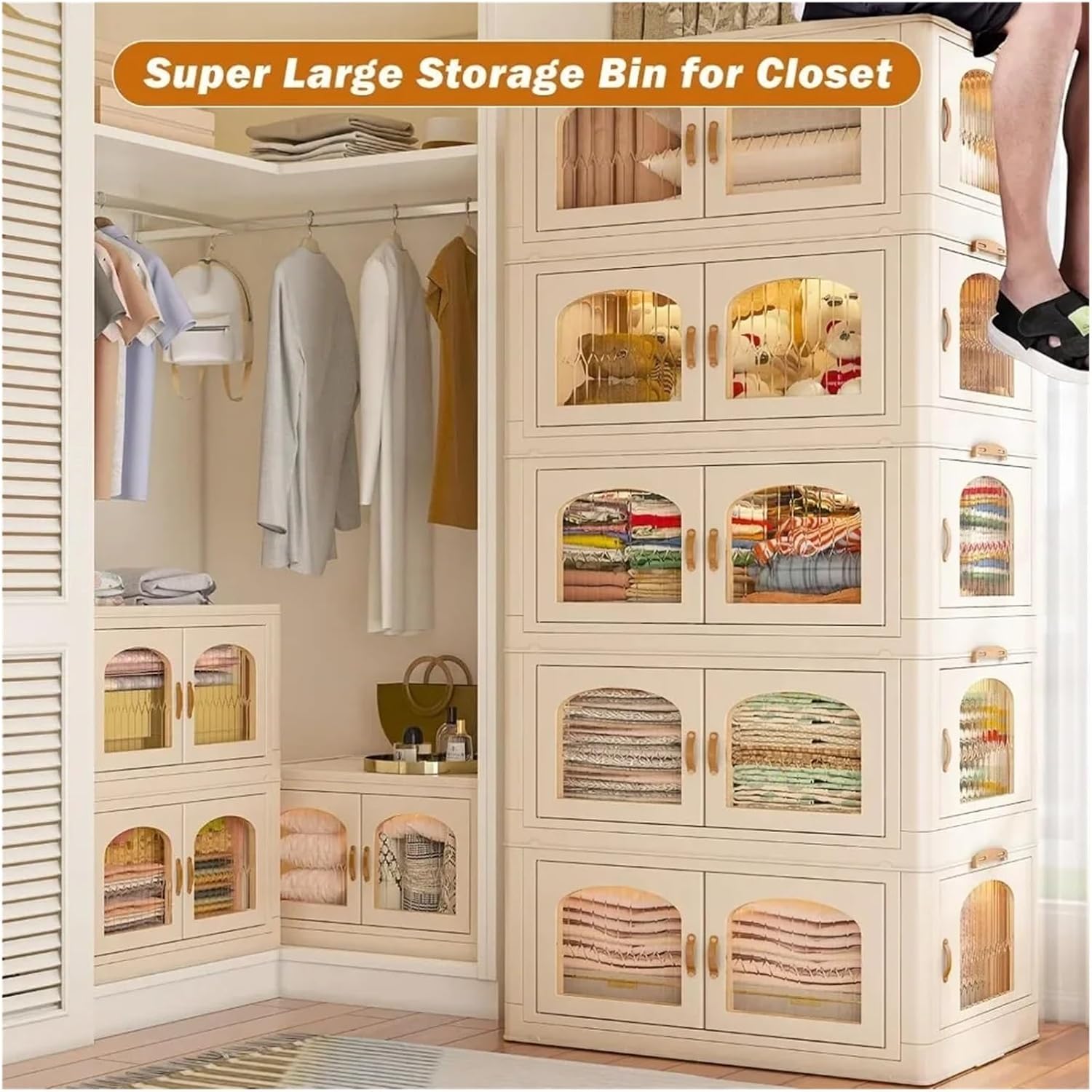 125GAL Storage Bins with Lids, Large Stackable Bins with Wheels and Doors, Storage Containers Box Closet Organizers(25Gal 5 tier)