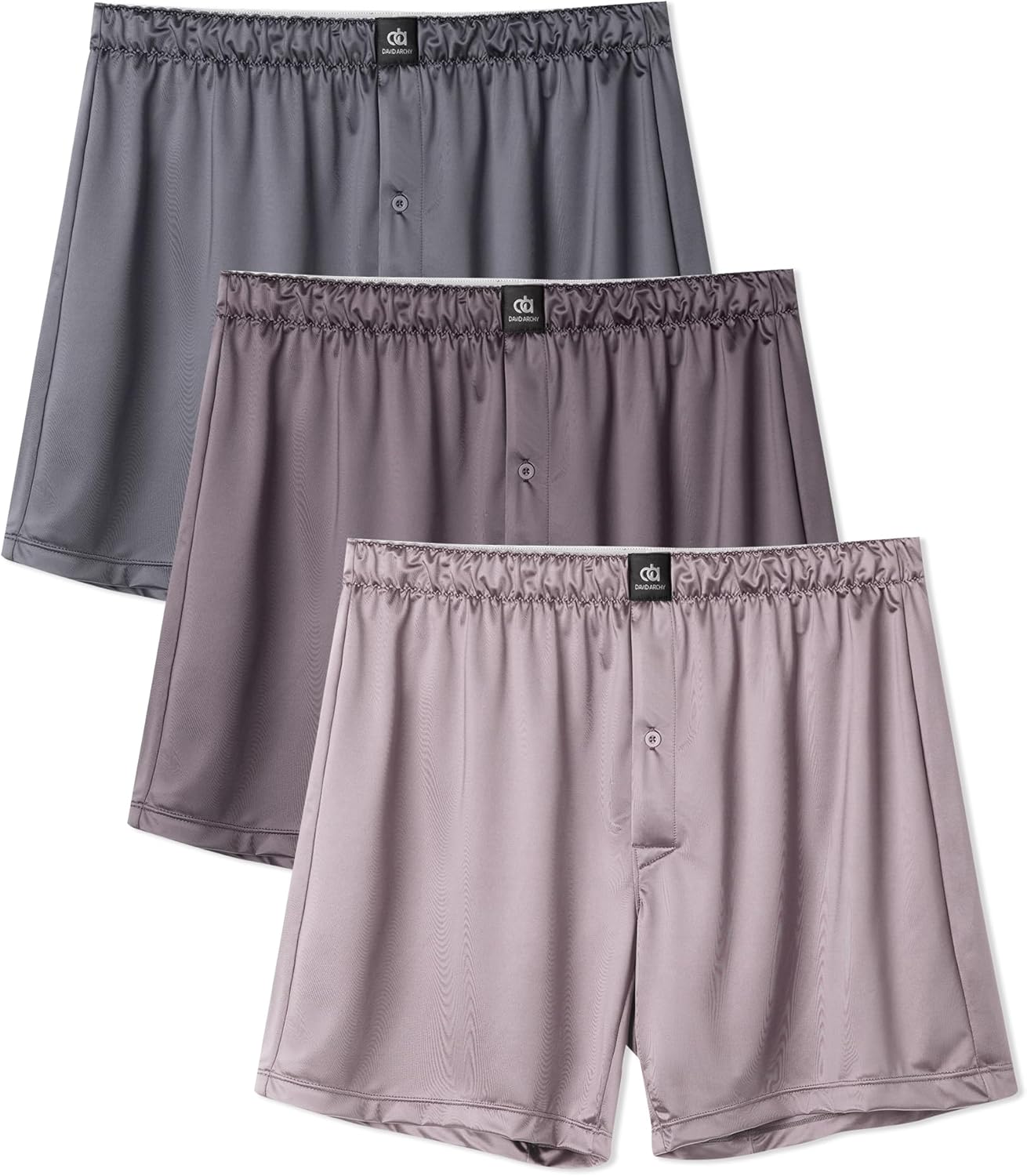 DAVID ARCHY Stretch Satin Boxers for Men, Silk Feeling Boxer Shorts, Breathable Loose Men's Underwear for Sleep 3 Pack
