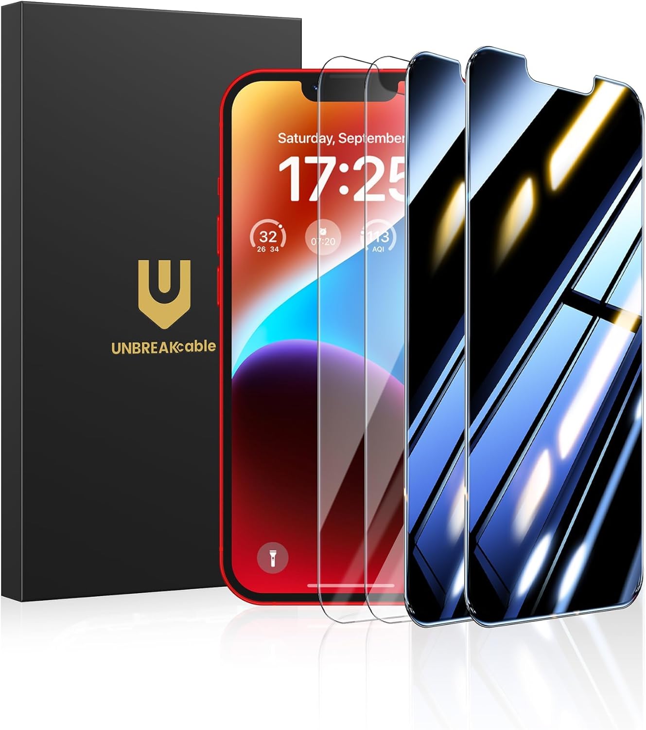 UNBREAKcable 4PCS Screen Protector for iPhone 15-2 Privacy Tempered Glass+2 Clear Glass Double Shatterproof [Easy Installation Frame] [9H Hardness] [Case Friendly] Anti-Scratch for iPhone 6.1 inch