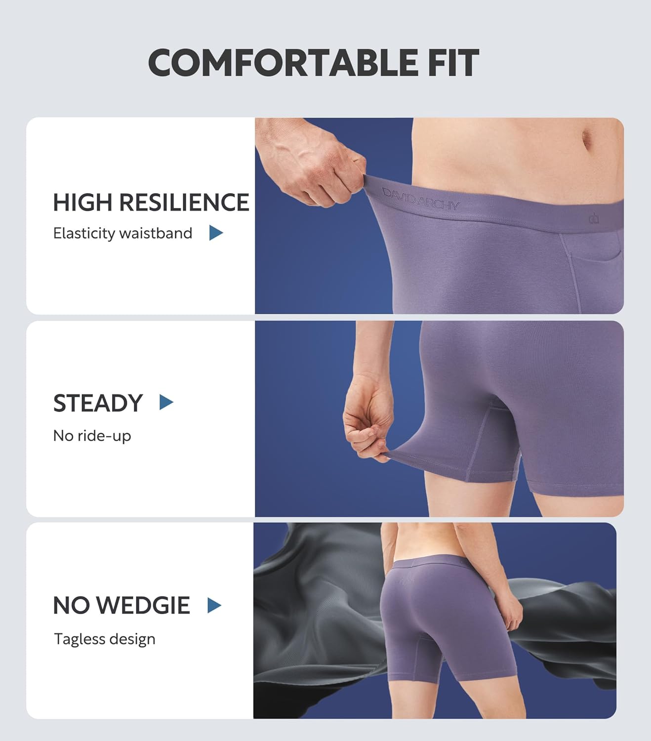 DAVID ARCHY Mens Underwear Cotton Boxer Briefs with Pouch Ultra Moisture Wicking Breathable Soft with Horizontal Fly 3 Pack