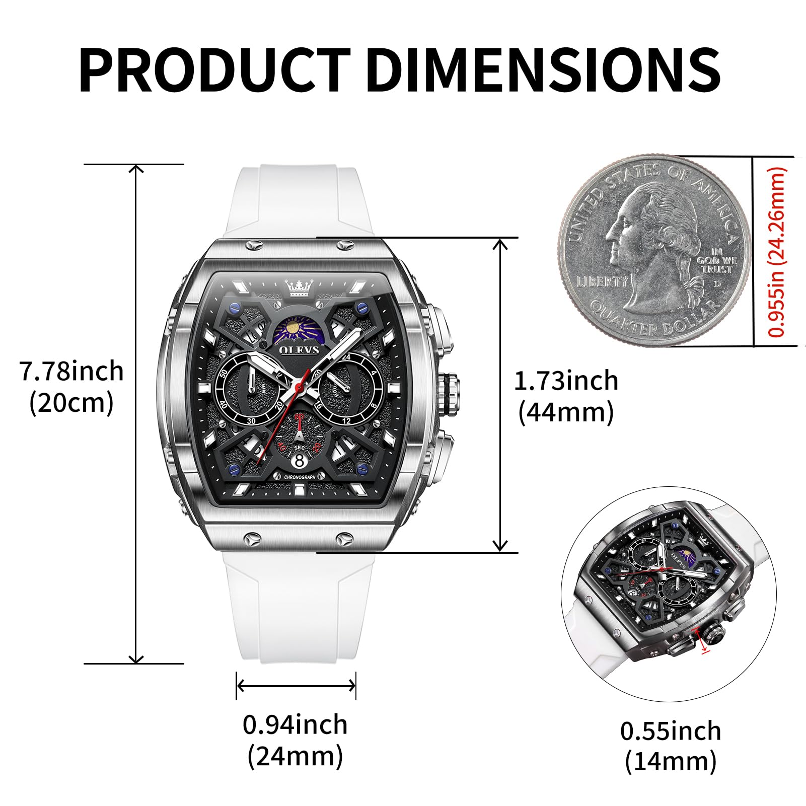 OLEVS Watches Men Chronograph Waterproof Rectangle Face Moon Phase Watches for Men Luminous Quartz Calendar Mens Wrist Watch - Silicon Strap