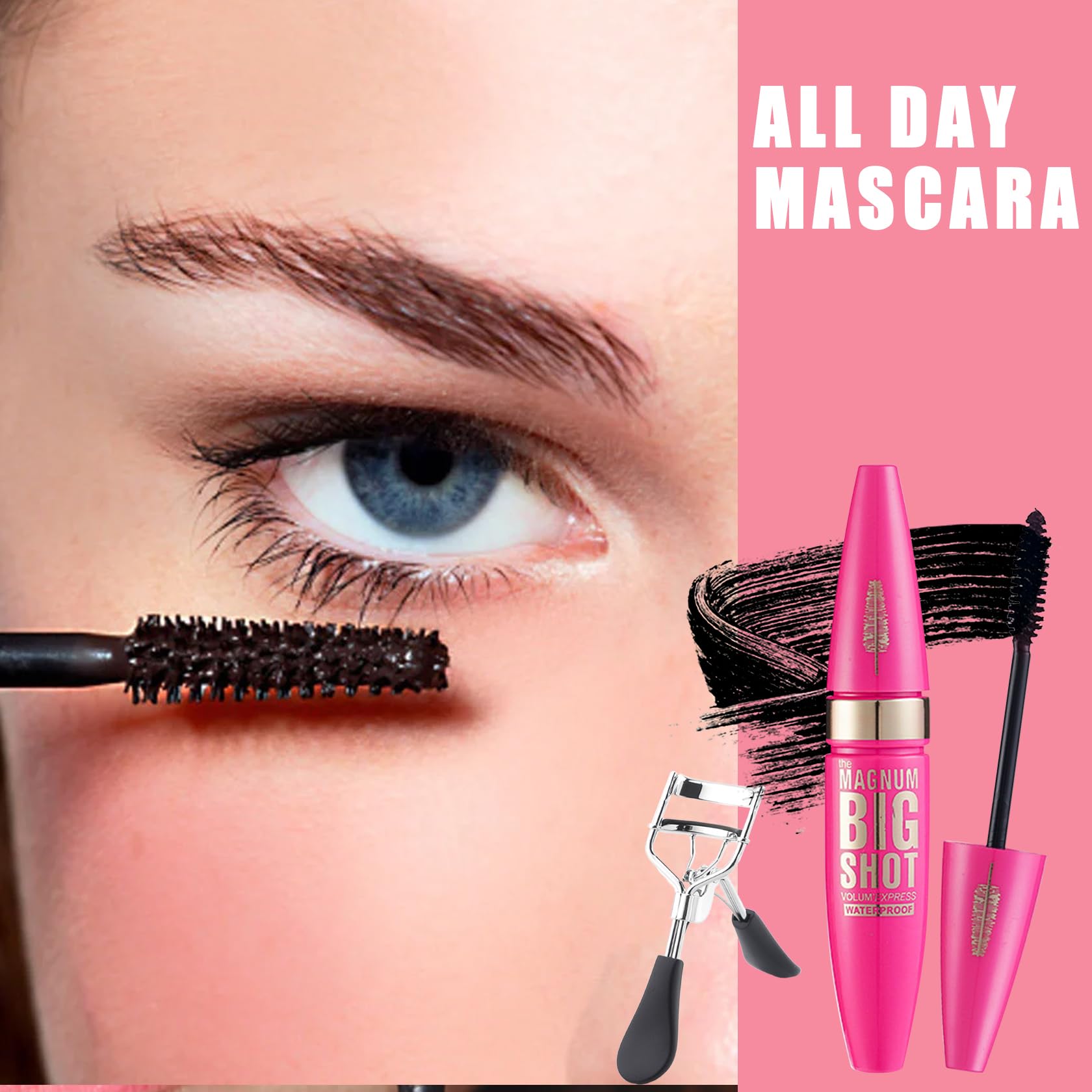 Black Telescopic Mascara Set,3PCS Black Mascara Volume and Length for Eye Makeup,Waterproofing No Clumping Tubing Mascara,No Smudging Curly Black Mascara with Eyelash Curler