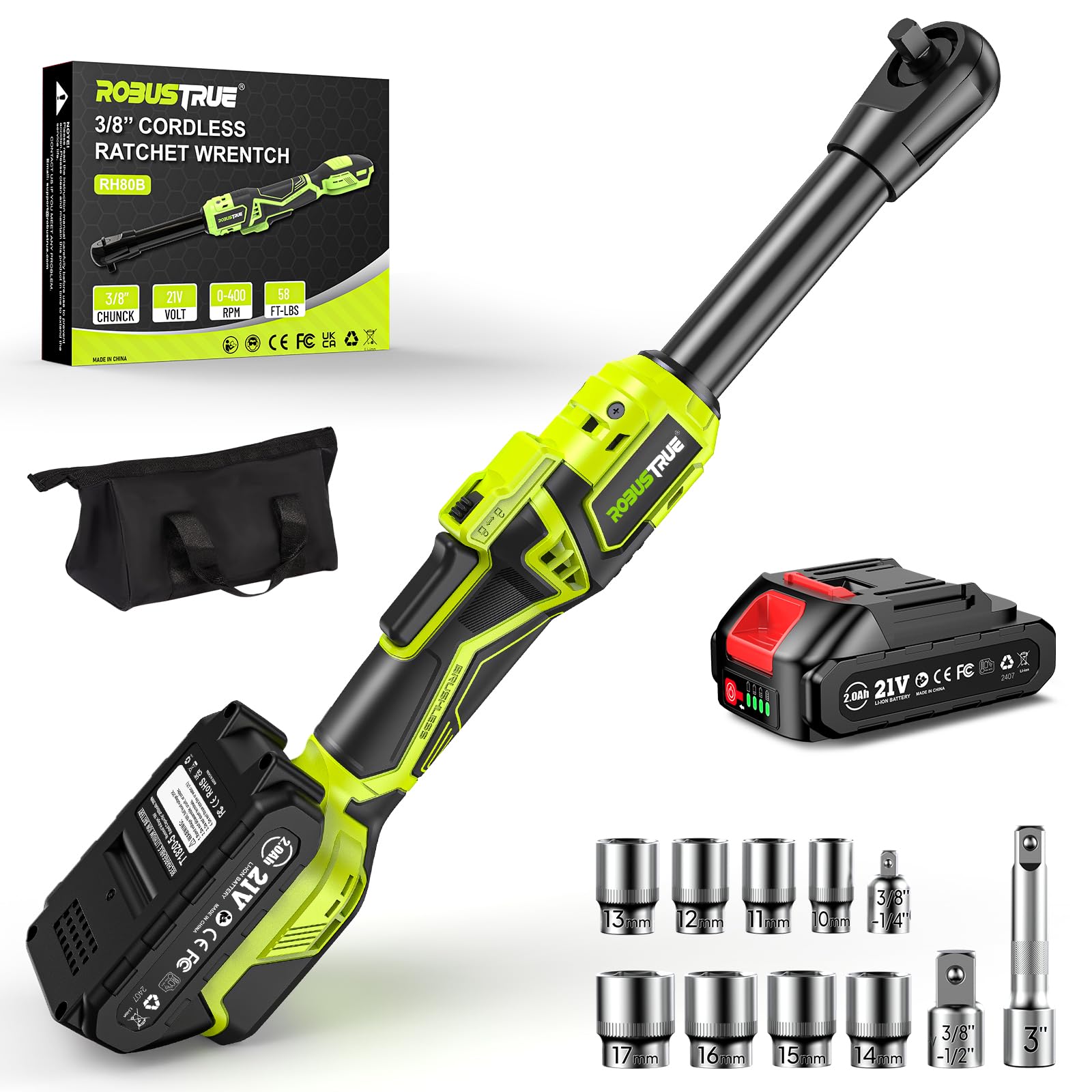3/8" Cordless Ratchet Wrench: 58Ft-lbs (80N.m) 400RPM Light Weight Electric Ratchet, 6'' Extended Neck, 2 x2.0Ah Battery, 8 Sockets, 3" Extension Bar, LED Light (RH80B)