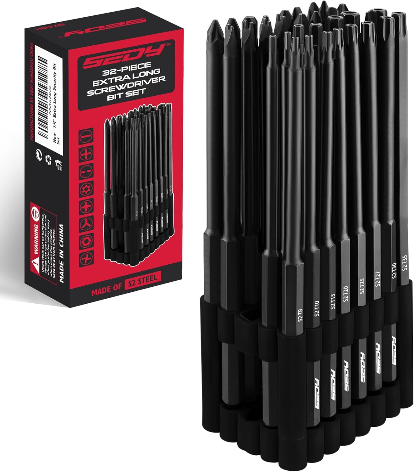 Extra Long Security Bit Set: 32-Piece S2 Steel Screwdriver Drill Bits for Tamper-Proof Screws, 6" Torx, PoziDriv, Spanner, Tri-Wing - Universal 1/4" Hex Shank for Electric, Impact Drills