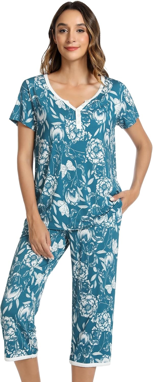 NACHILA Women’s Pajamas-Viscose Made from Bamboo, Short Sleeve Pjs Top with Capri Pajama Sets for Women Cool V Neck Sleepwear