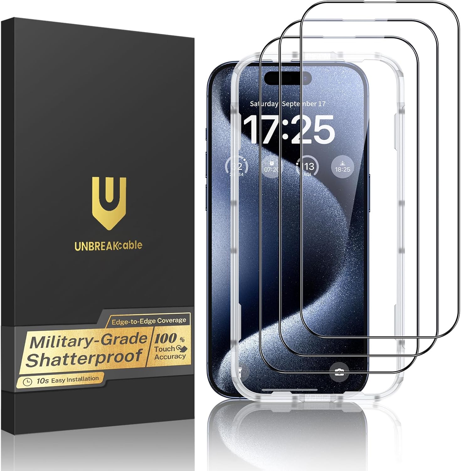 UNBREAKcable 3-Pack Screen Protector for iPhone 15 Pro Max, Double Shatterproof Tempered Glass [Easy Installation Frame] [HD Clear] [9H Hardness] [Full Coverage] for iPhone 6.7 inch