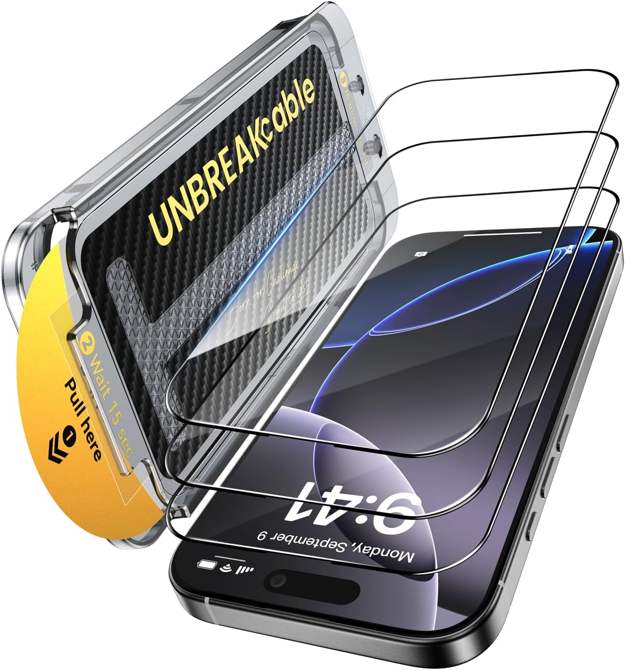 UNBREAKcable 3-Pack Screen Protector for iPhone 16 Pro Max Tempered Glass - [One-Pull Perfection] [Auto Dust-Elimination] [9H+ Hardness] [99.99% HD Clear] Full Coverage for iPhone 6.9 inch