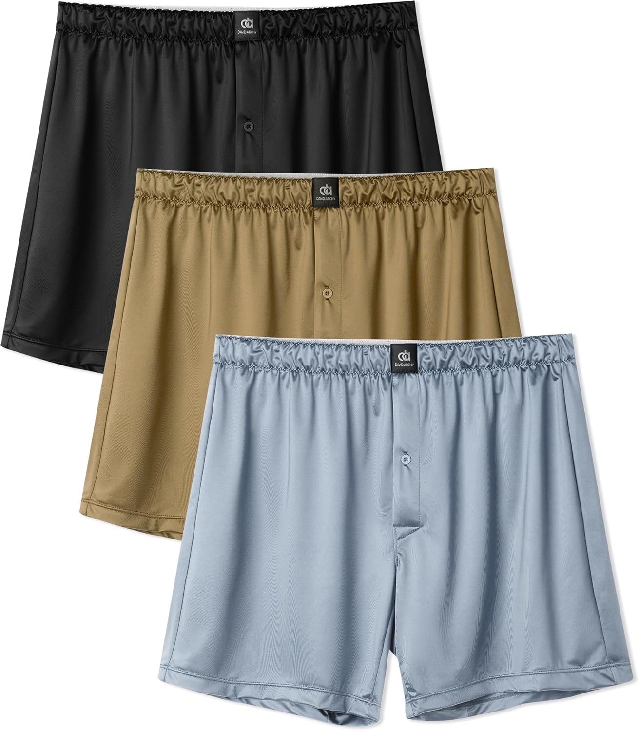 DAVID ARCHY Stretch Satin Boxers for Men, Silk Feeling Boxer Shorts, Breathable Loose Men's Underwear for Sleep 3 Pack