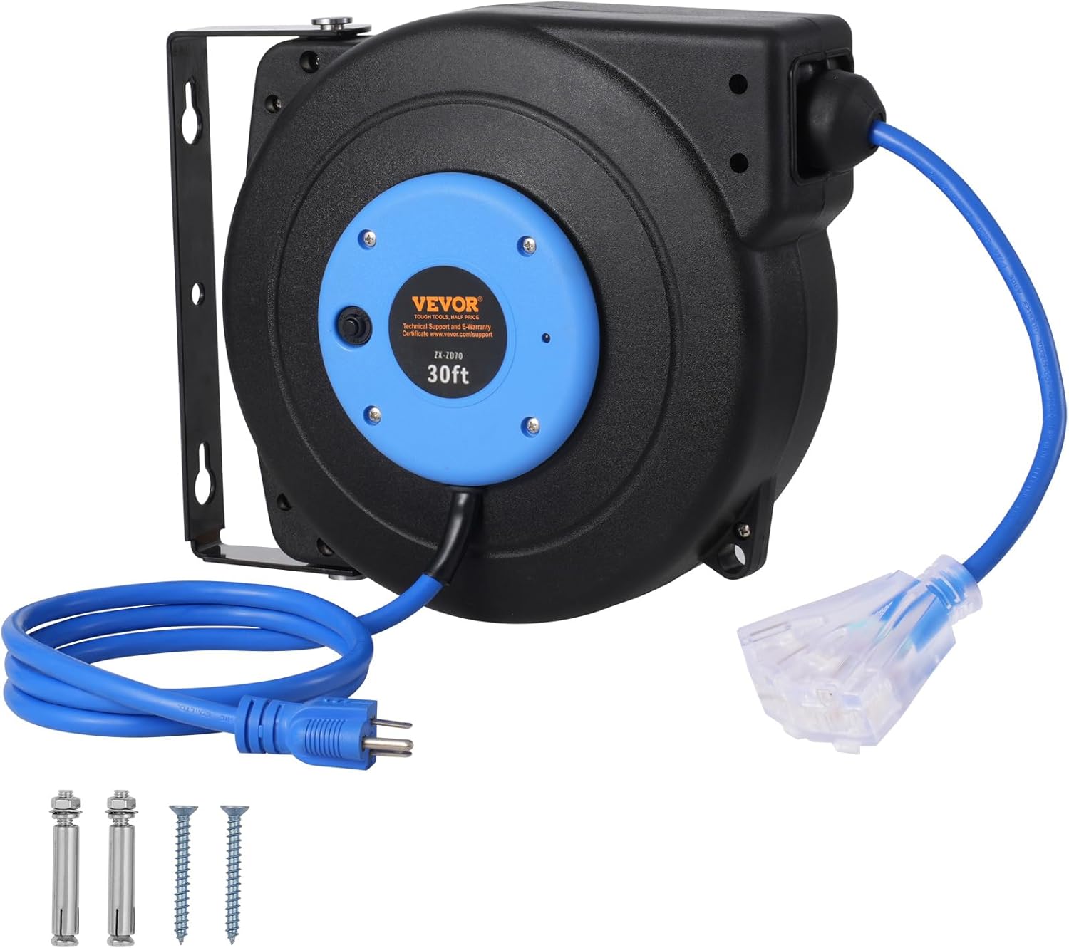 VEVOR Retractable Extension Cord Reel, 45 FT, Heavy Duty 12AWG/3C SJTOW Power Cord, with Lighted Triple Tap Outlet, 15 Amp Circuit Breaker, 180° Swivel Bracket for Ceiling or Wall Mount