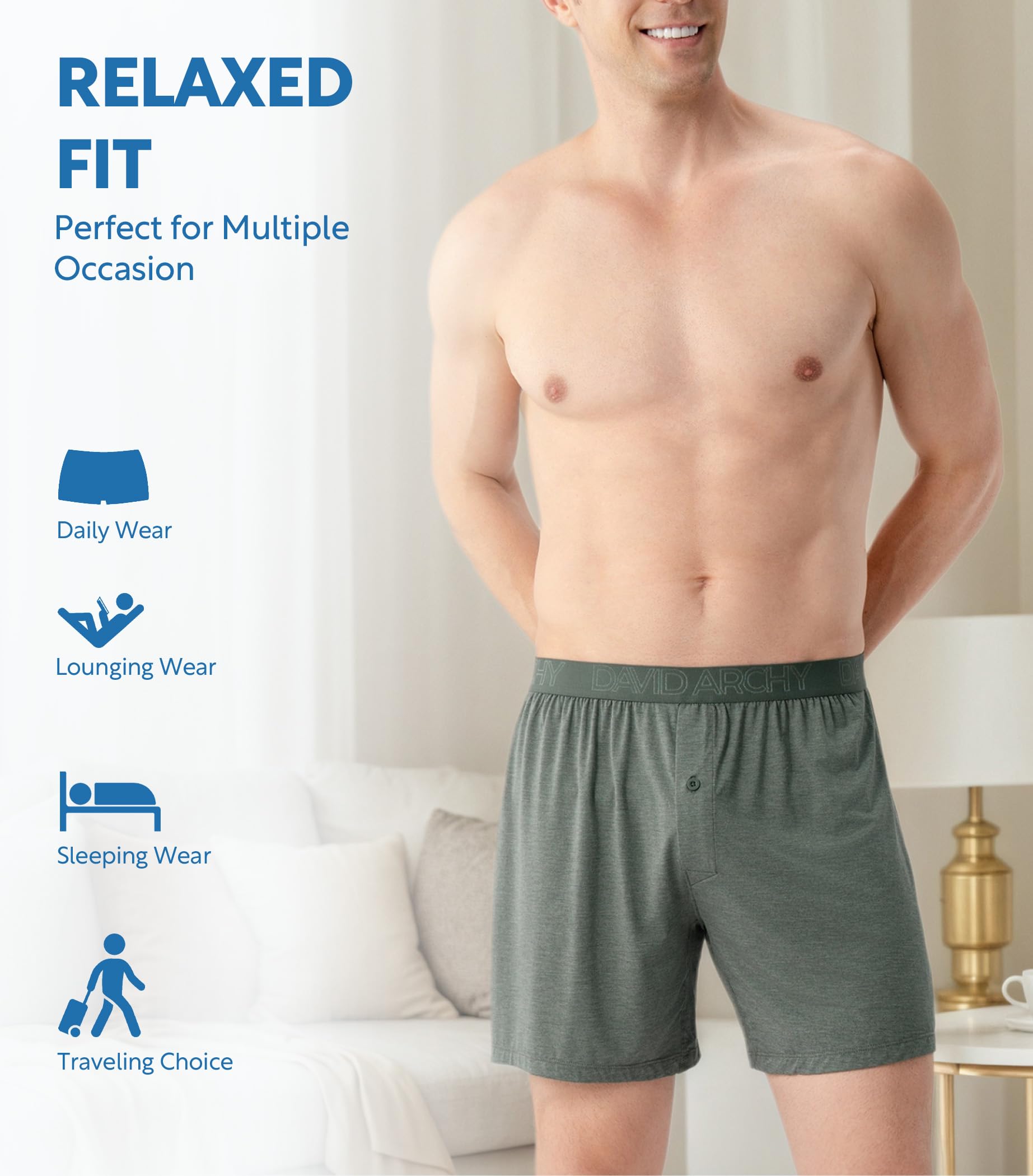 DAVID ARCHY Mens Boxers Soft Rayon Made from Bamboo Boxers for Men Pack Loose Underwear Cooling Mens Boxer Shorts