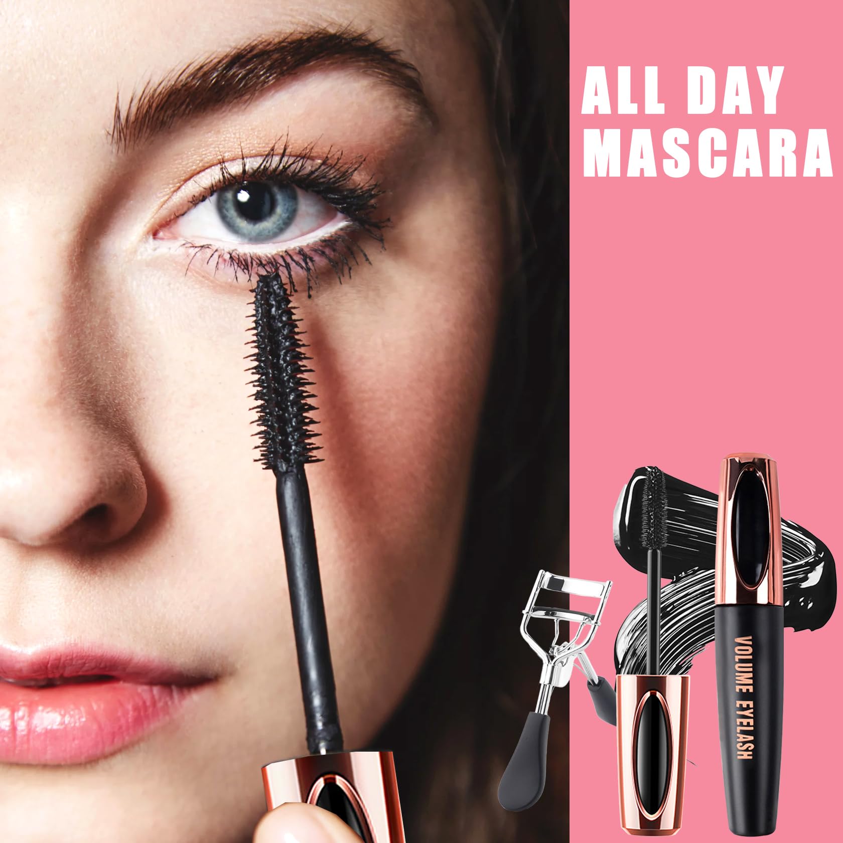 Black Telescopic Mascara Set,3PCS Black Mascara Volume and Length for Eye Makeup,Waterproofing No Clumping Tubing Mascara,No Smudging Curly Black Mascara with Eyelash Curler