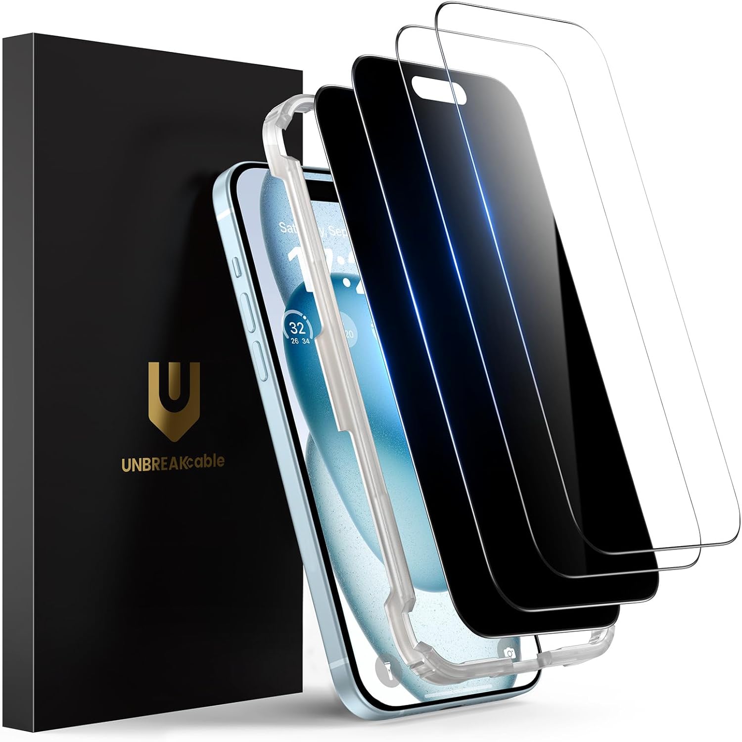 UNBREAKcable 4PCS Screen Protector for iPhone 15-2 Privacy Tempered Glass+2 Clear Glass Double Shatterproof [Easy Installation Frame] [9H Hardness] [Case Friendly] Anti-Scratch for iPhone 6.1 inch