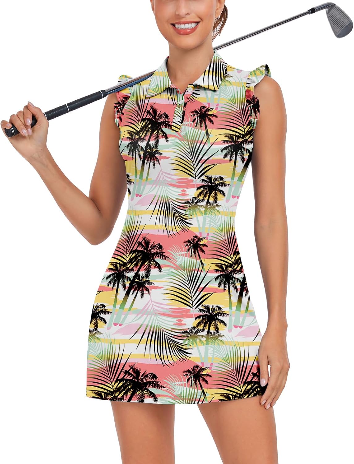 WOWENY Tennis Dress Polo Buttons Golf Dresses with Built in Shorts and Pockets Ruffle Sleeveless Athletic Workout Dress
