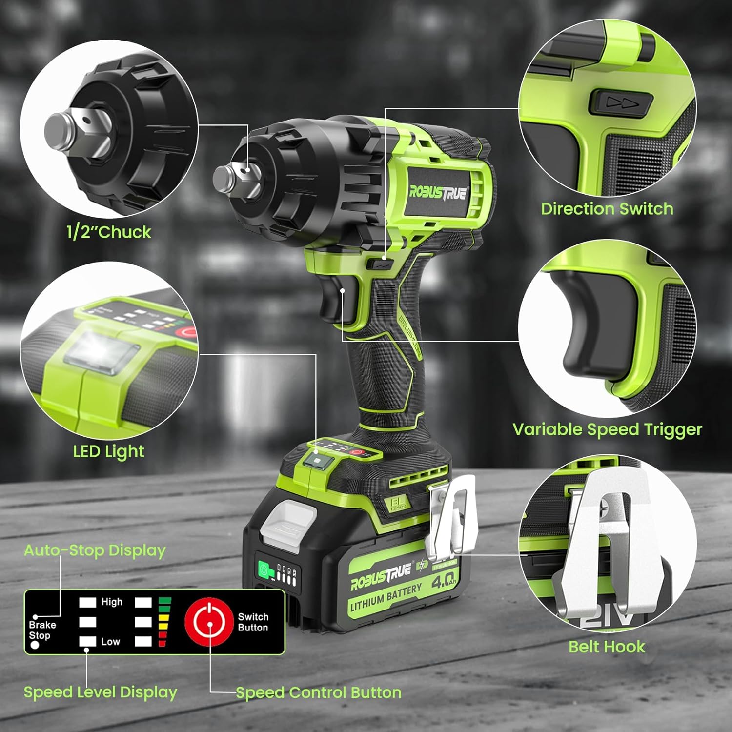 Cordless Impact Wrench 738ft-lbs (1000N.m), High Torque Brushless 1/2 Impact Gun, 2 x4.0Ah Battery 21V Max, Fast Charger, 4 Sockets, Impact Wrench for Home Car Tires Truck Mover