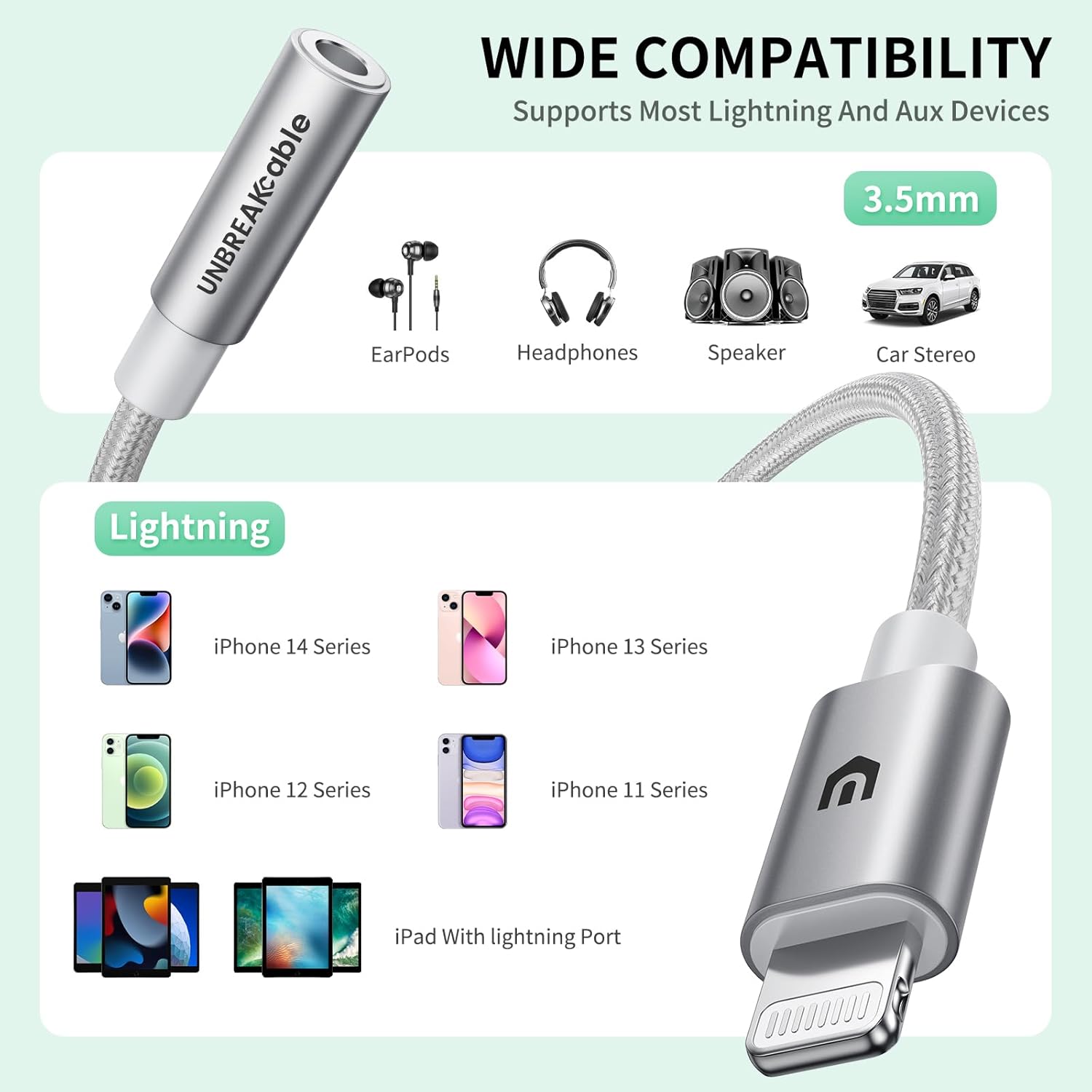 UNBREAKcable Headphones Adapter for iPhone, MFi Certified Lightning to 3.5mm Jack Converter with Apple Original Chip Compatible for iPhone 14/13/12/11/Pro/SE/Xs MAX/XR/X/8/iPad/iPod - Silvery