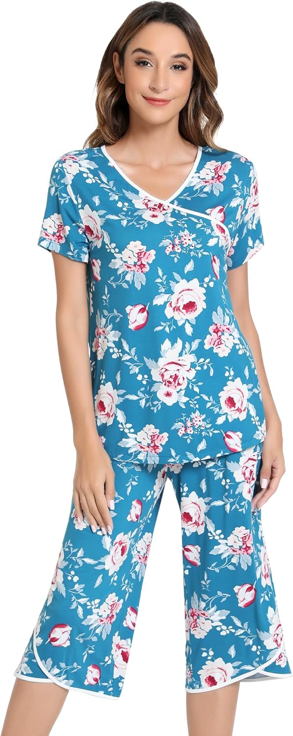 NACHILA Women’s Pajamas-Viscose Made from Bamboo, Short Sleeve Pjs Top with Capri Pajama Sets for Women Cool V Neck Sleepwear