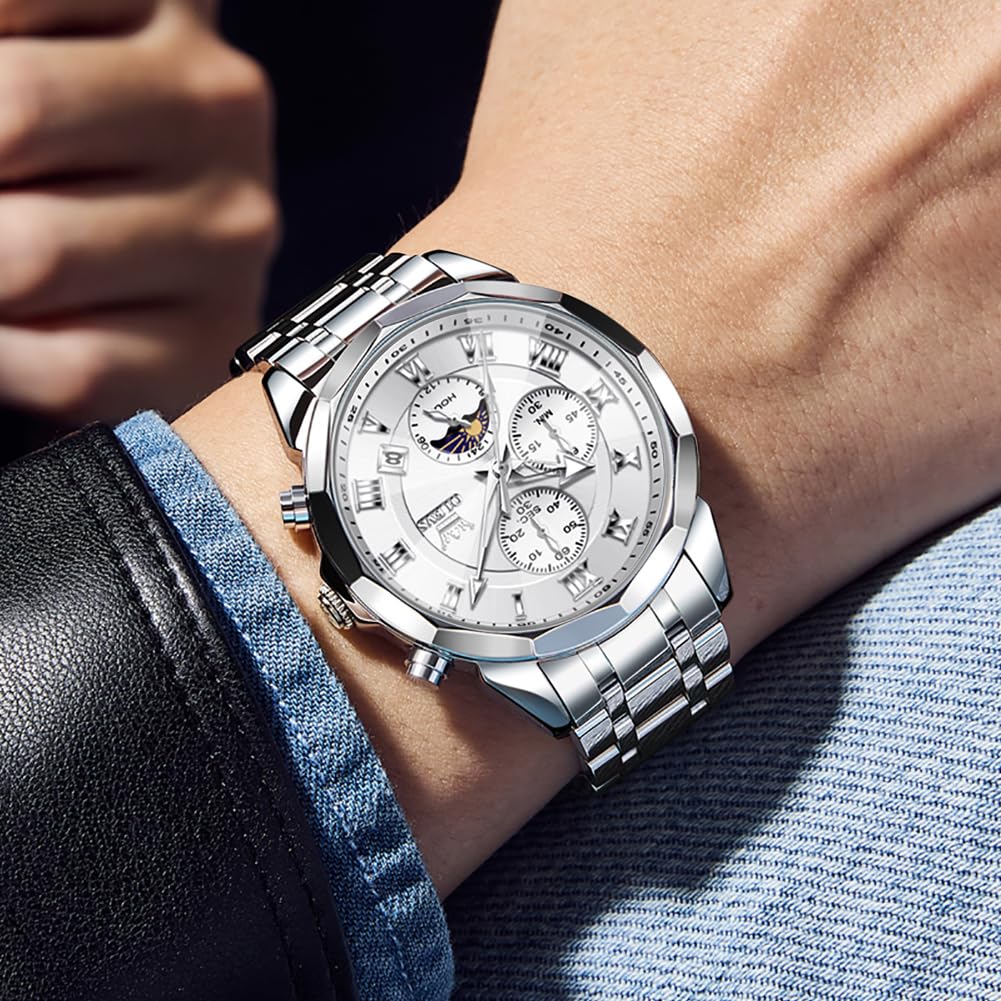 OLEVS Watches Men Luxury Chronograph Moon Phase Waterproof Luminous Watches for Men Analog Quartz Calendar Stainless Steel Strap Wrist Watches-(Black/Blue/Gold/Grey/Silver Face)