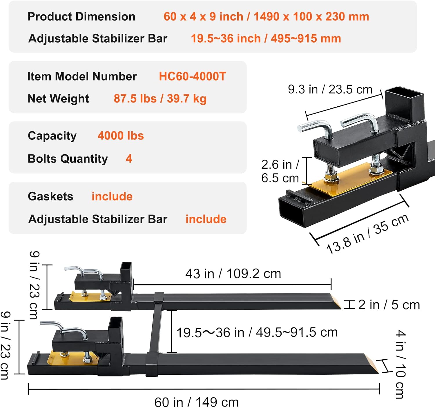 VEVOR Pallet Forks, 4000 lbs Clamp on Pallet Forks, 60" Total Length Heavy Duty Pallet Forks with Adjustable Stabilizer Bar, Tractor Bucket Forks for Loader Bucket Skid Steer Tractor