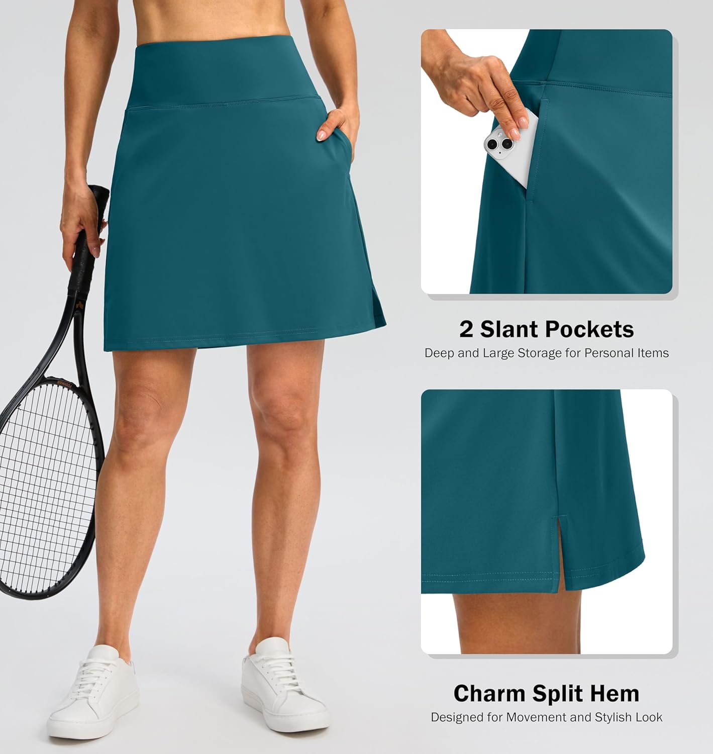 SANTINY 18" Skorts for Women 3 Pockets High Waist Long Athletic Tennis Skirt Golf Skort for Casual Summer Travel