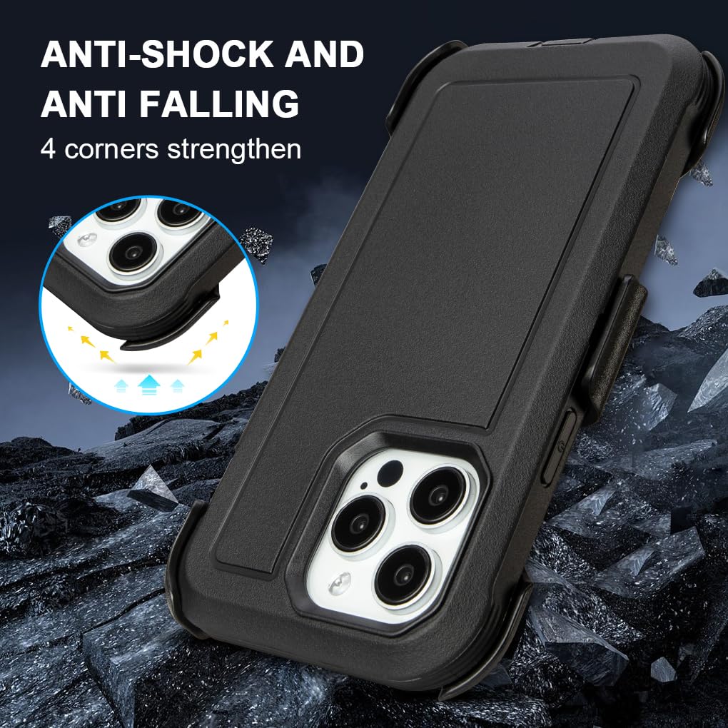 for Black iPhone 16 Pro Case with Belt Clip, for Shockproof iPhone 16 Pro Case Heavy Duty,3 Layers of Sturdy,Anti-Drop,Military-Grade Defender Cover for iPhone 16Pro Case Black