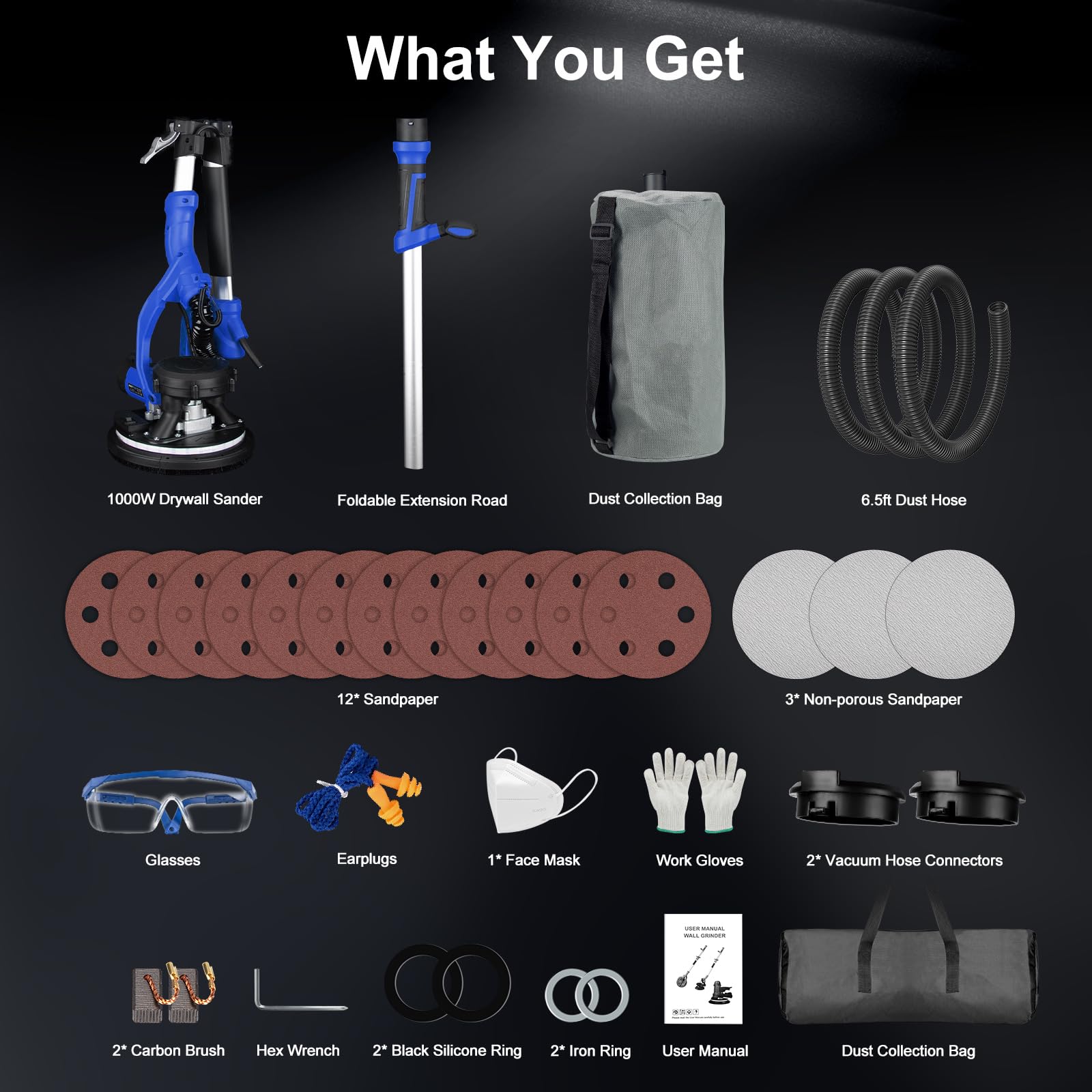 Drywall Sander, 1000W Popcorn Ceiling Removal Tool, Automatic Drywall Sander with Vacuum Dust Collection, LED Light, 6 Variable Speed 800-2200RPM,15Pcs Sanding Discs, Foldable & Extendable Handle