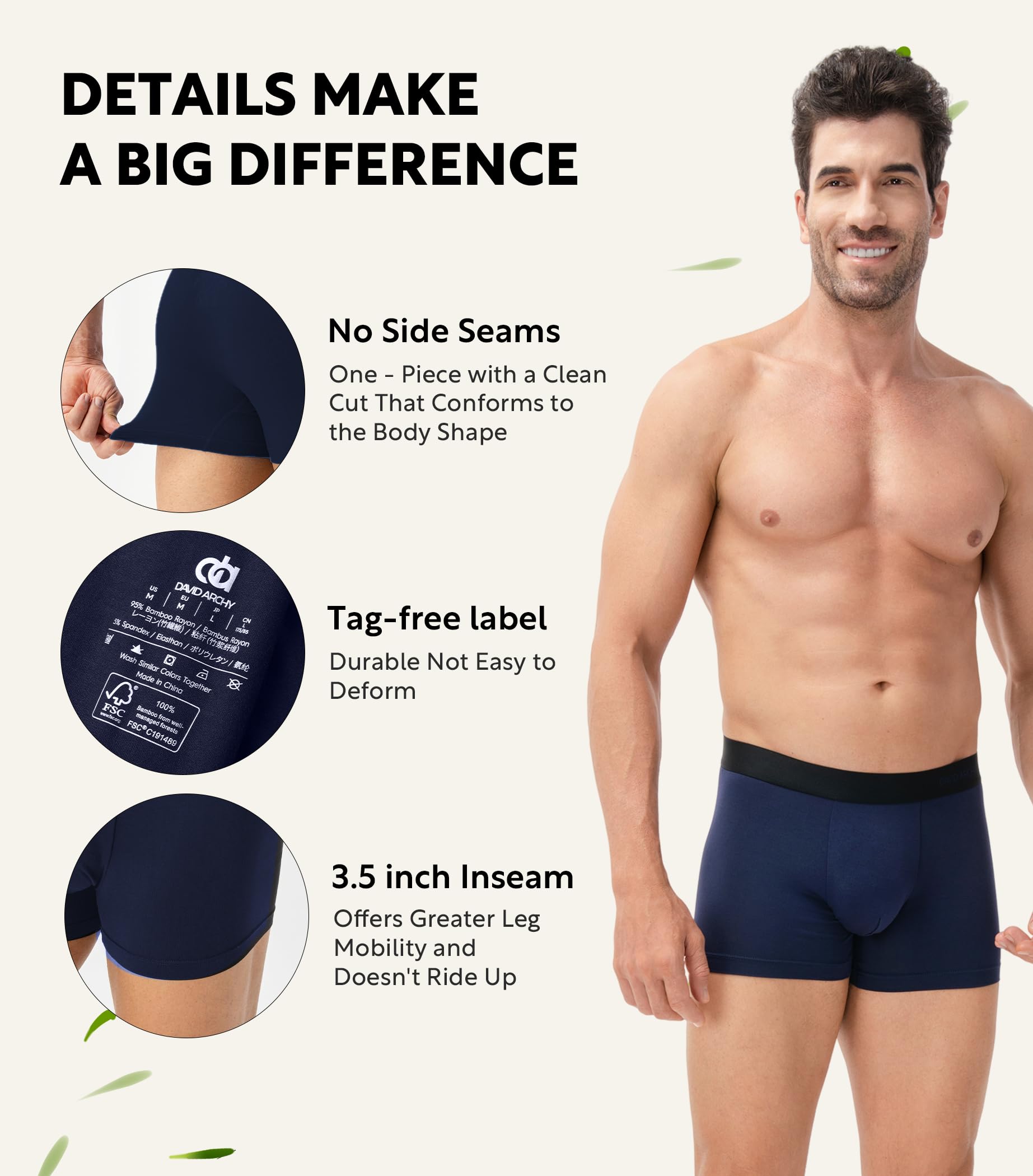 DAVID ARCHY Mens Underwear Rayon Made from Bamboo 7-Pack, Wicking-Moisture & Cool Boxer Briefs with Support Pouch