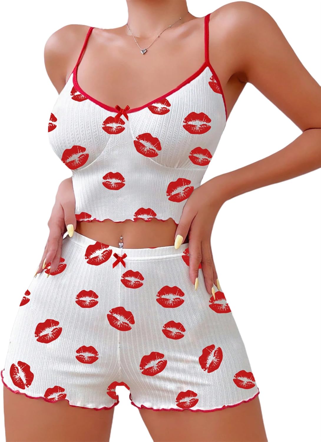 Hilinker Womens Graphic Print Ribbed PJ Set Crop Cami Tops and Shorts Cute Pajamas Set