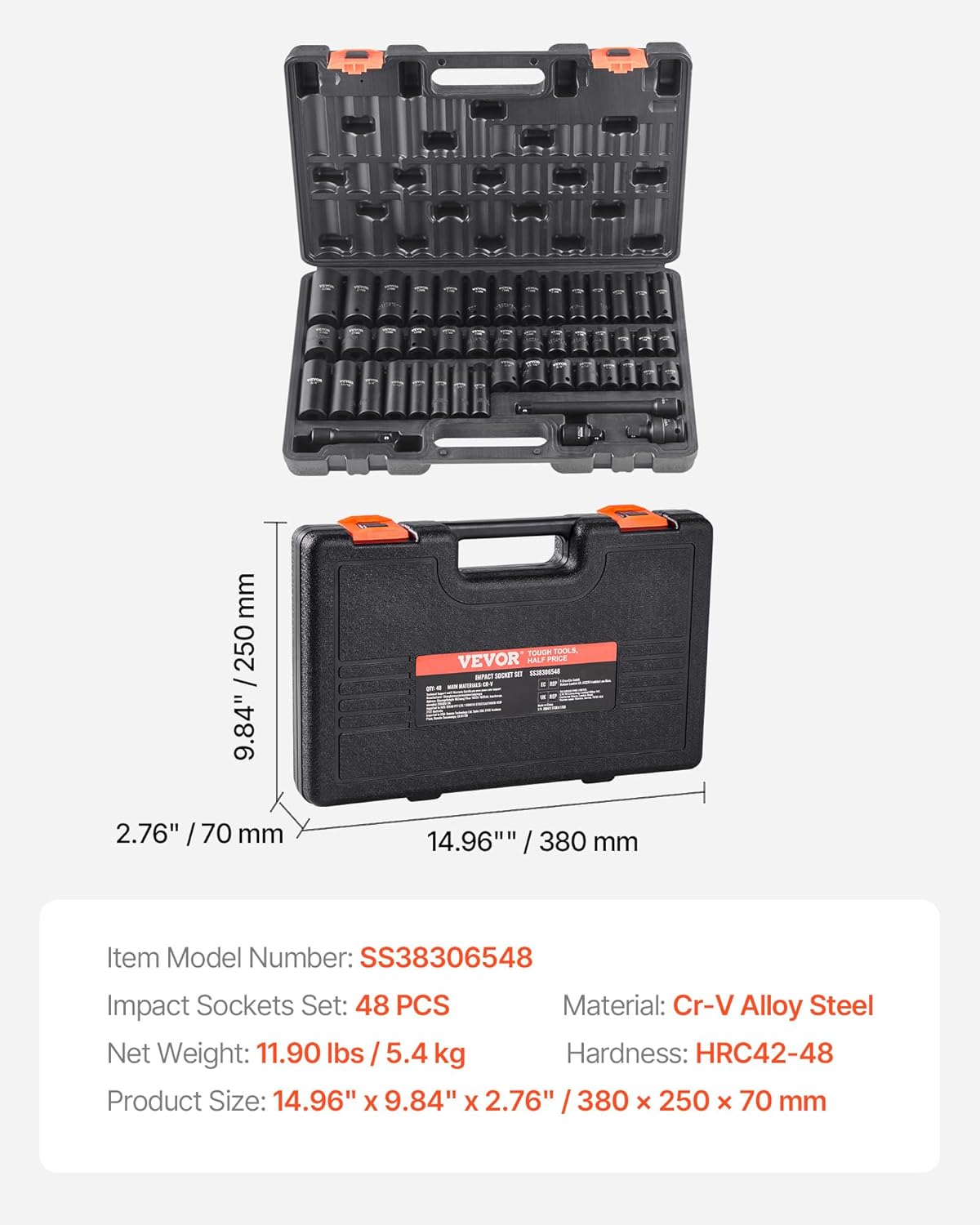 VEVOR Impact Socket Set 3/8" Drive, 48-Piece Standard SAE (5/16 to 3/4 inch) & Metric (8 to 22 mm) Size, Deep & Shallow, 6 Point, CR-V, Extension Bar, Universal Joint, 1/2" F to 3/8" M Reducer