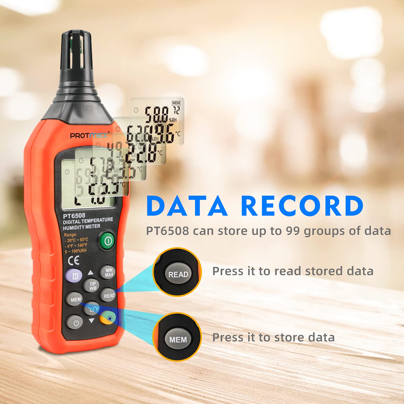 PT6508 Temperature Humidity Meter, Digital Thermometer Hygrometer Monitor with Ambient, Dew Point, Wet Bulb for Indoor/Outdoor MIN, MAX, Data Hold, LCD Backlight