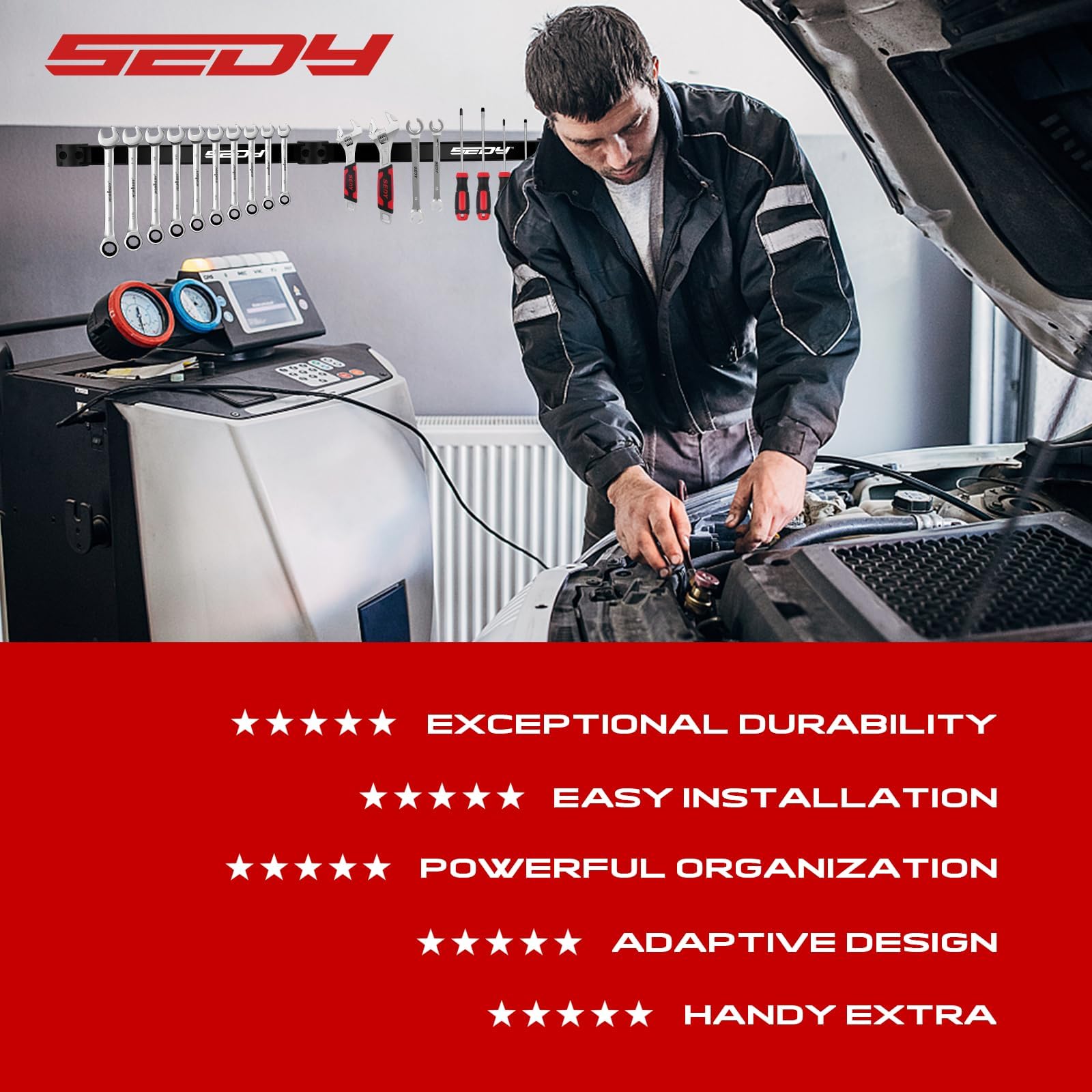 48" Heavy Duty Garage Wall Organizer, Wall Mount Tool Storage Rack with Adjustable Hooks, Garden Tool Organizer Hold Up to 300lbs, Easy Installation (3 Panels, 8 Hooks, 3 Straps)