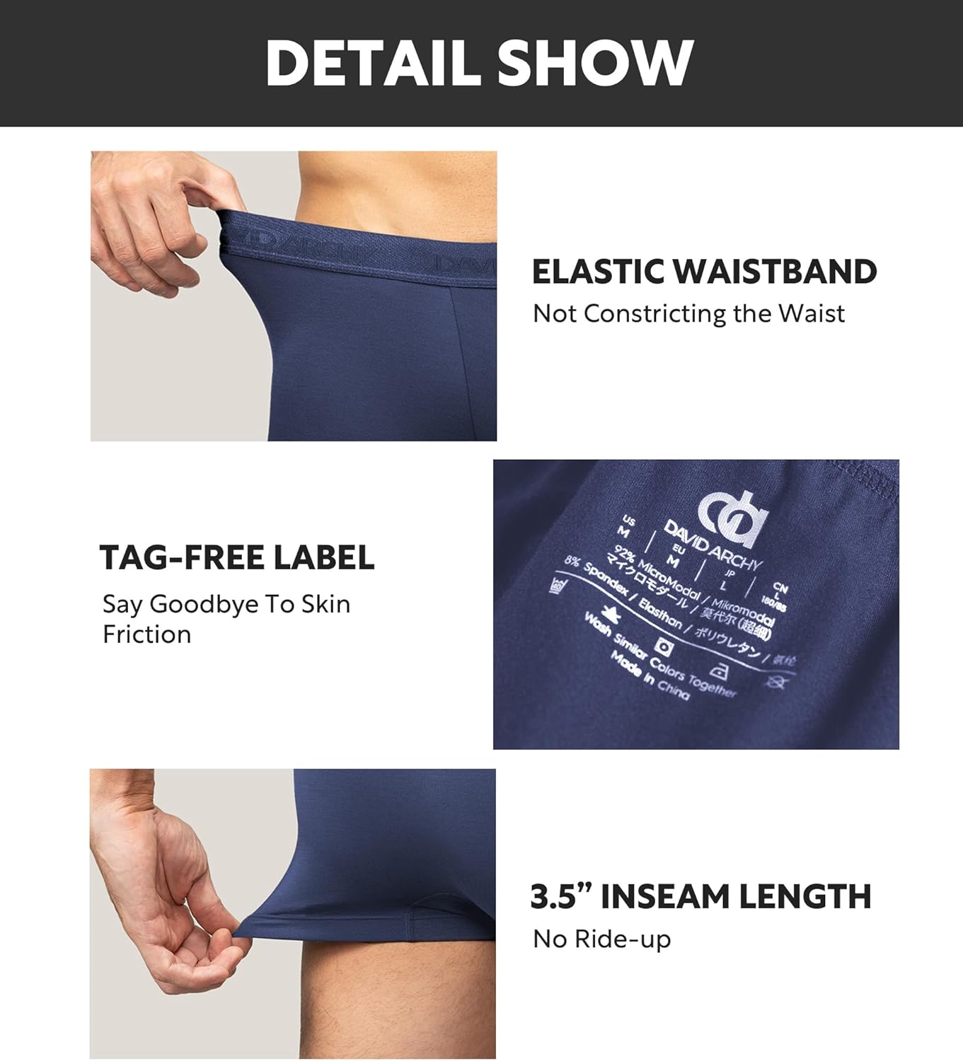 DAVID ARCHY Men's Underwear Ultra Soft Modal Support Pouch Trunks Moisture Wicking Boxer Briefs for Men Multipack