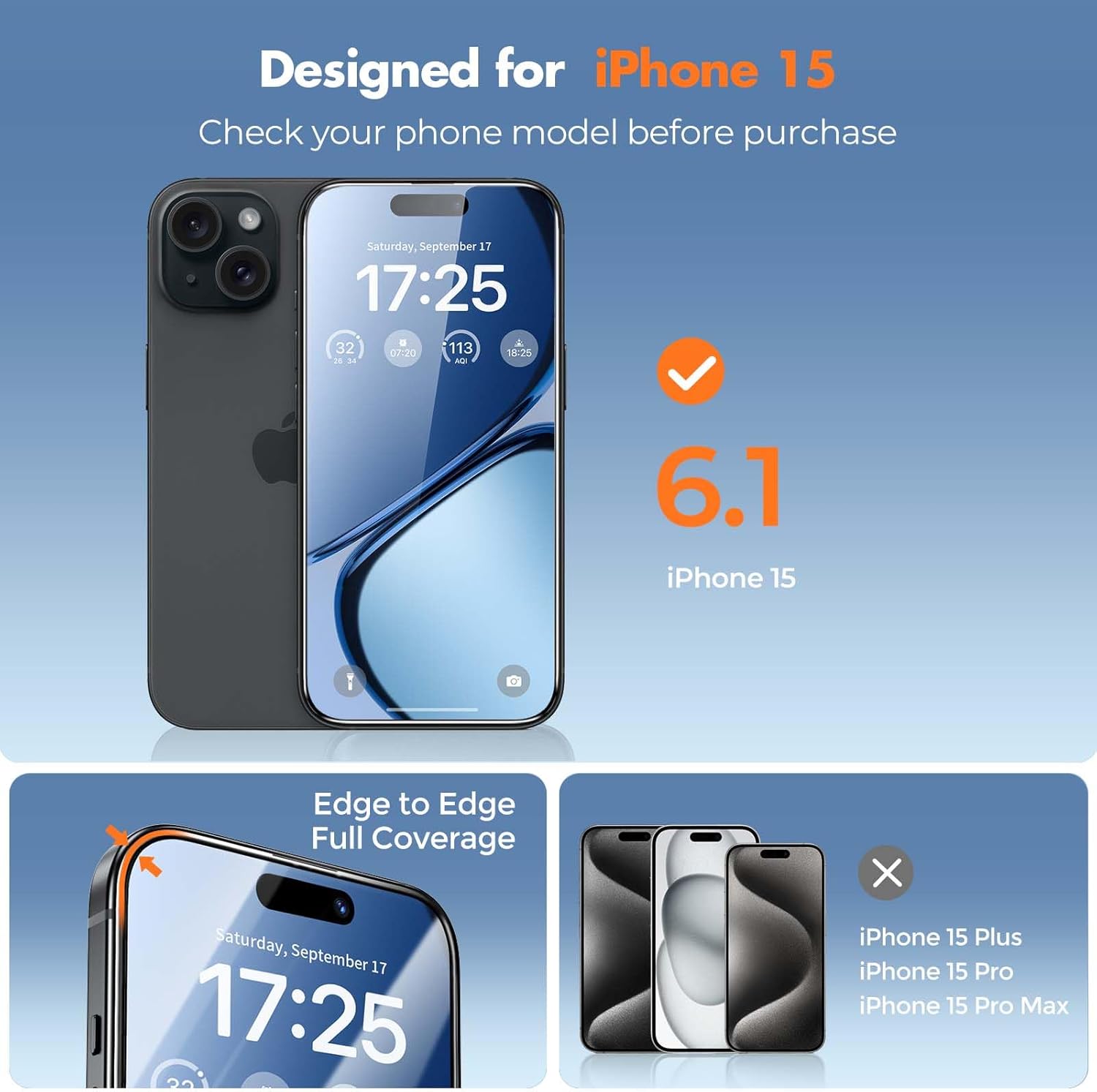 UNBREAKcable 3-Pack Screen Protector for iPhone 15, Double Shatterproof Tempered Glass [Easy Installation Frame] [99.99% HD Clear] [9H Hardness] [Full Coverage] [Case Friendly] for Apple 15 6.1 inch